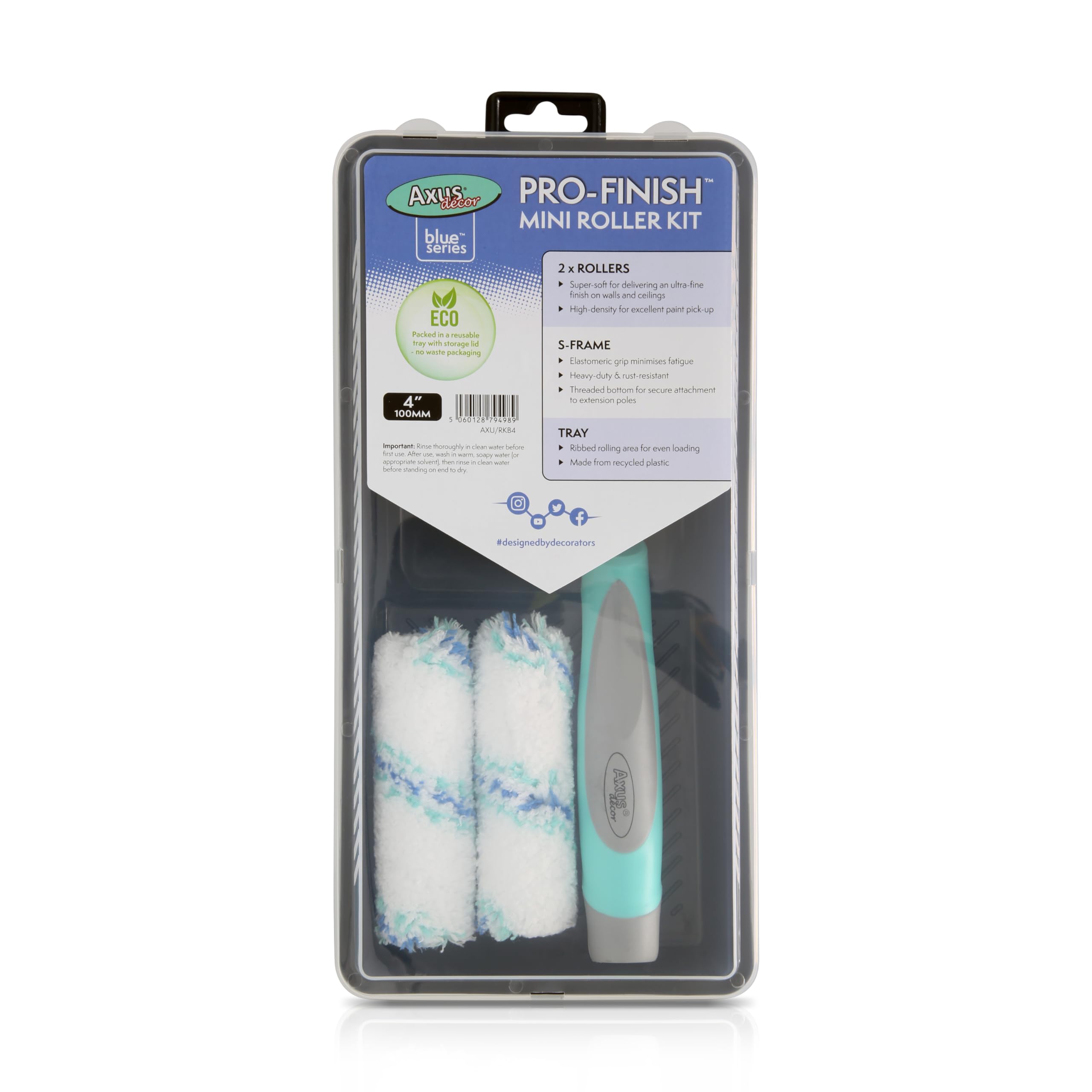 Axus Decor Paint Tray and Rollers Set - 4 Inch Paint Roller Sleeves (2 Pack) with Paint Tray & Frame - Small Paint Rollers for Smooth & Semi-Smooth Walls & Ceilings - Professional Painting Tools for Home Improvement, DIY Projects & Wall Repairs