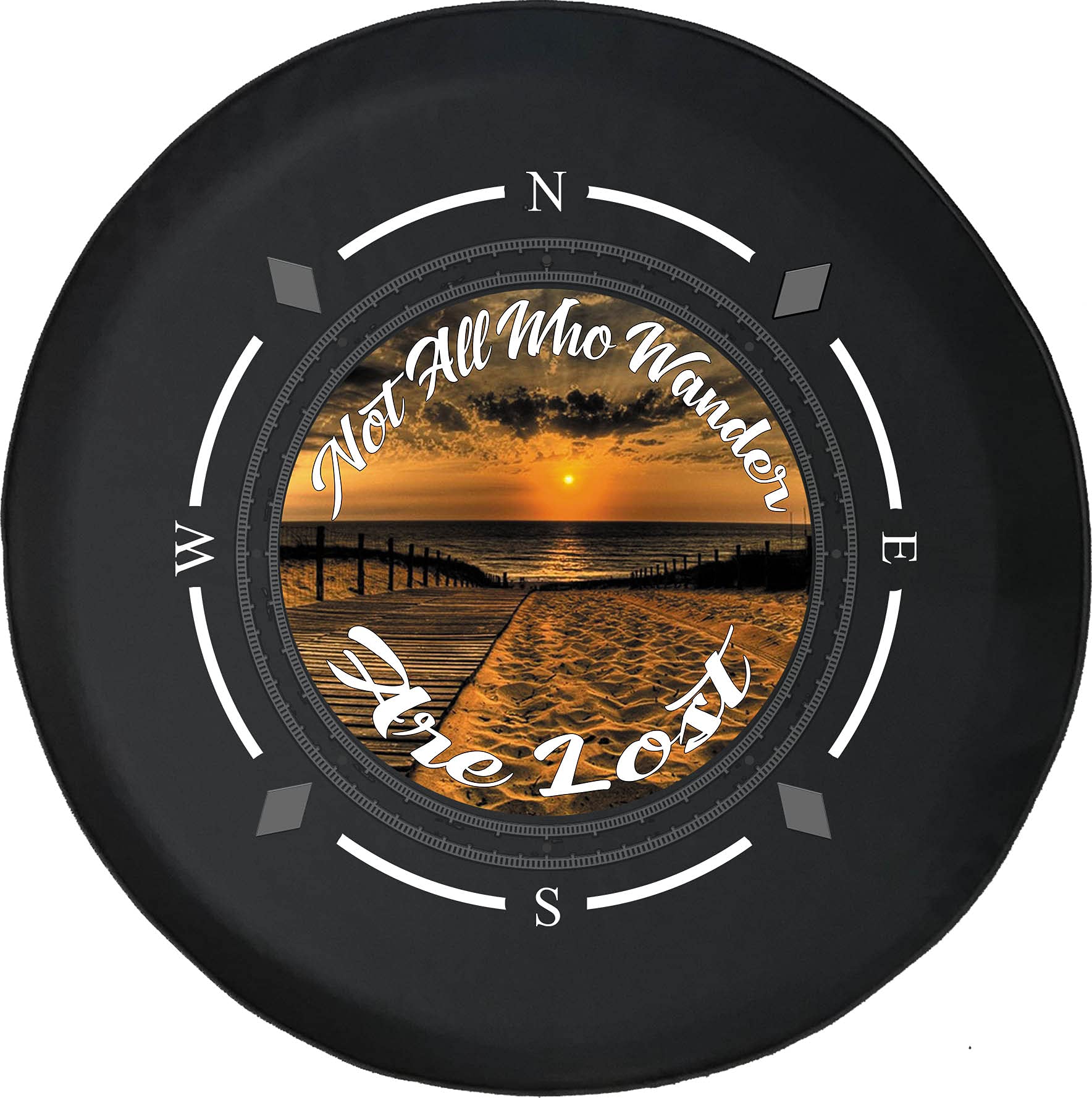 American Unlimited Spare Tire Cover with Compass Design - 'All Who Wander Are Not Lost' Beach & Boardwalk Theme - Universal Fit for SUVs, Trailers, RVs & Most Vehicles - Perfect for Road Trips, Camping & Outdoor Adventures