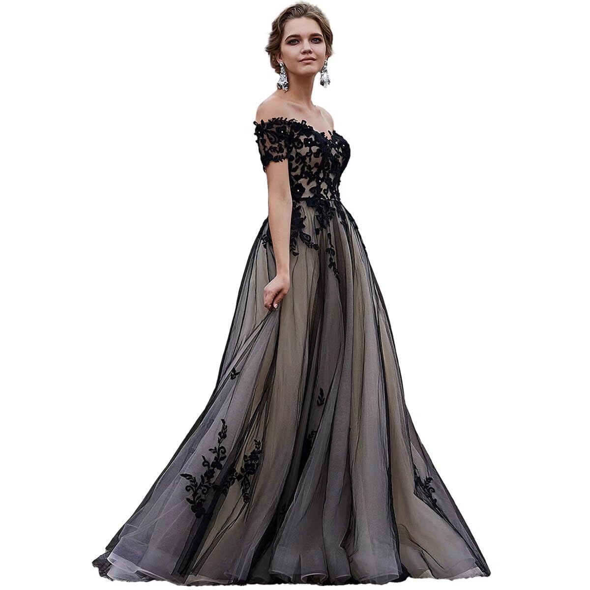 Elegant Black Off-Shoulder Gothic Lace Wedding Dress with Long Train - Perfect for Gothic, Alternative & Vampire-Themed Bridal Ceremonies & Halloween Costume Parties