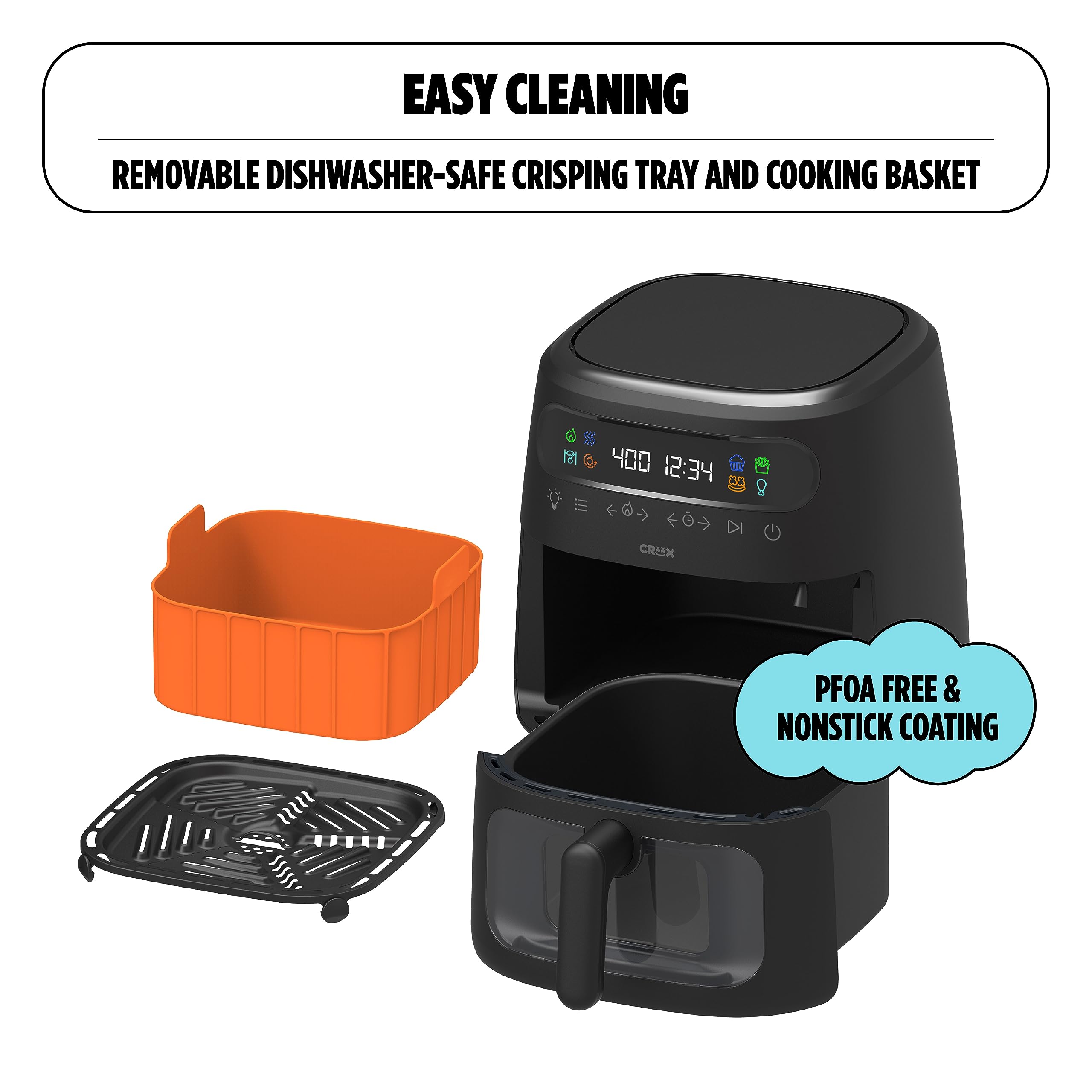 CRUX x Marshmello 8.0 QT Digital Air Fryer with TurboCrisp Technology - Touch Screen Controls, Timer, Auto Shut-off - Fully Programmable Air Fryer with Silicone Liner (Black) - Perfect for Family Cooking, Healthy Meals & Quick Snacks