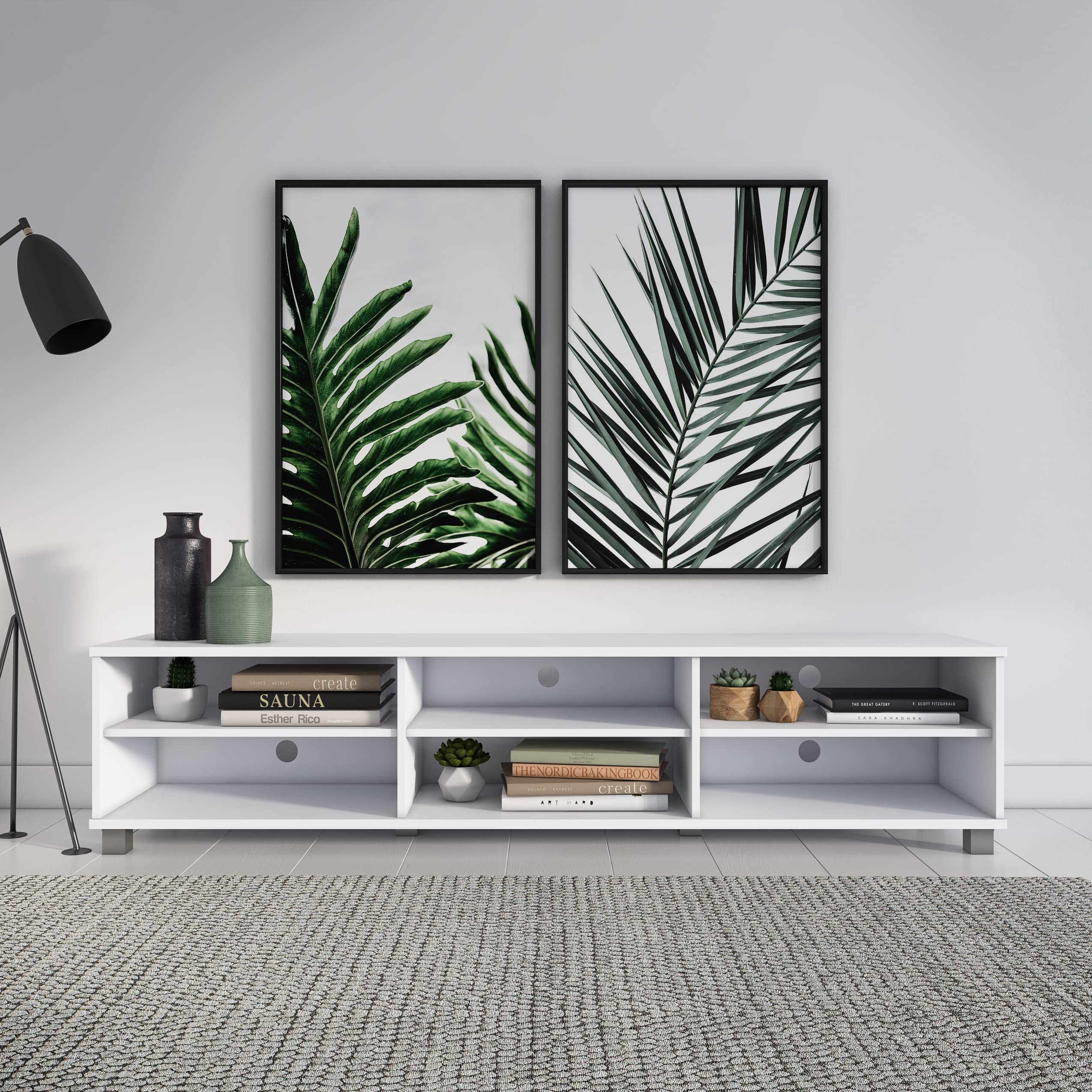 CorLiving Hollywood White Engineered Wood TV Stand with Open Shelves for TVs up to 85
