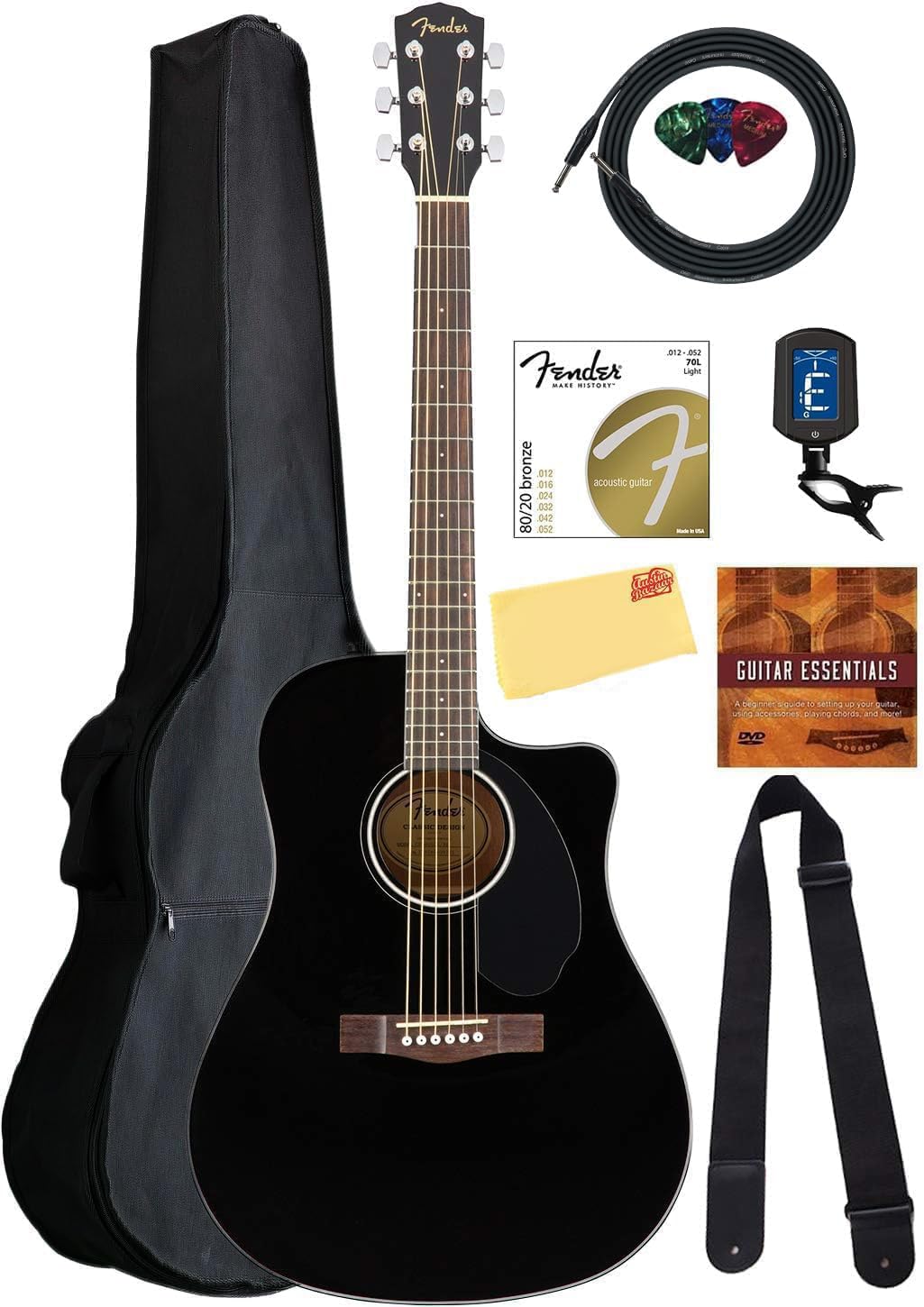 Fender CD-60SCE Solid Top Dreadnought Acoustic-Electric Guitar Bundle - Black | Includes Gig Bag, Tuner, Strap, Strings, Picks & Accessories | Perfect for Beginners, Live Performances & Home Practice