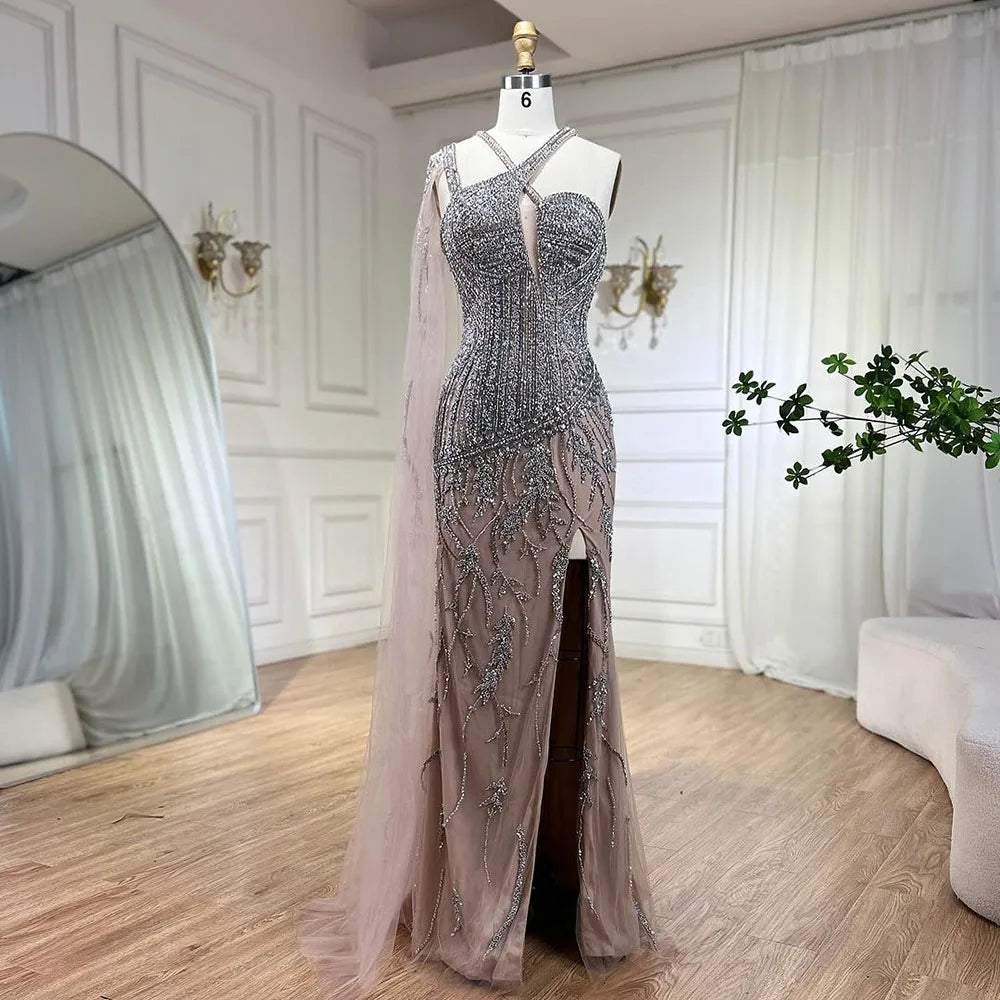 Elegant Gray Nude One Shoulder Cape Sleeves Mermaid Evening Gown with High Slit & Beading - Women's Formal Party Dress LA72368 | Perfect for Prom, Gala, Wedding & Special Occasions