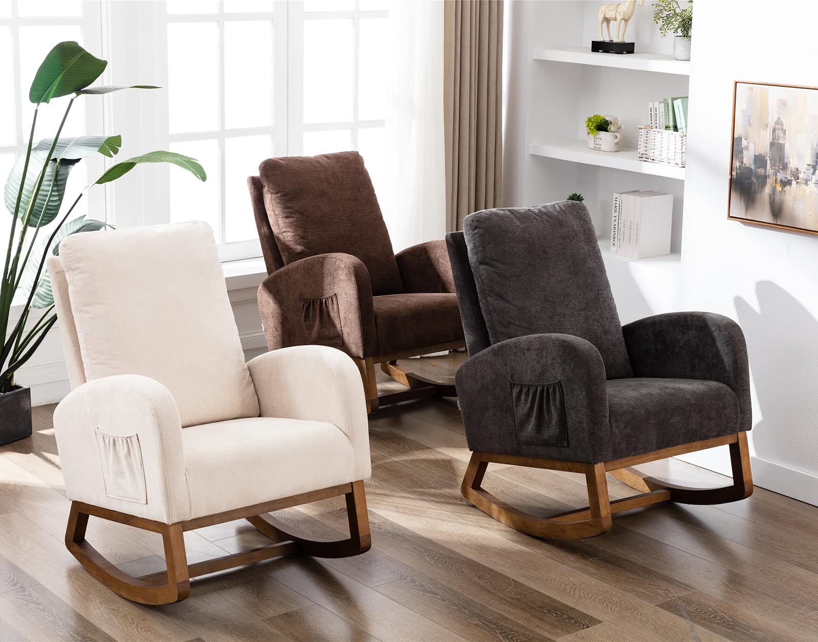 Antetek Modern Upholstered Rocking Chair - Nursery Glider Rocker for Baby & Kids, Comfortable High-Back Armchair with Side Pocket, Perfect for Living Room, Nursery & Lounge (Beige) | Ideal for Breastfeeding, Reading & Relaxing
