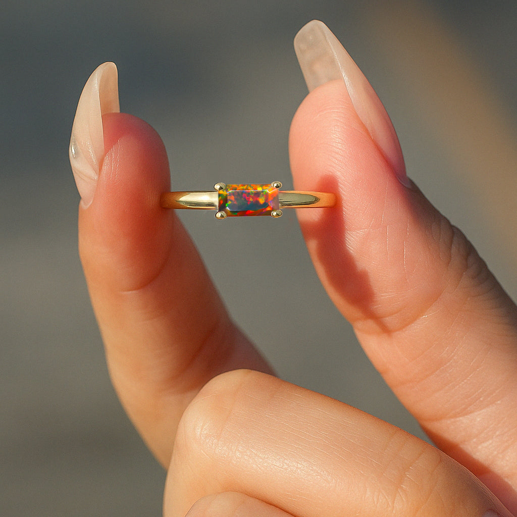 Natural Black Opal Single Baguette Stone Solitaire Ring – Elegant Handmade Jewelry for Women, Perfect for Weddings, Anniversaries & Special Occasions
