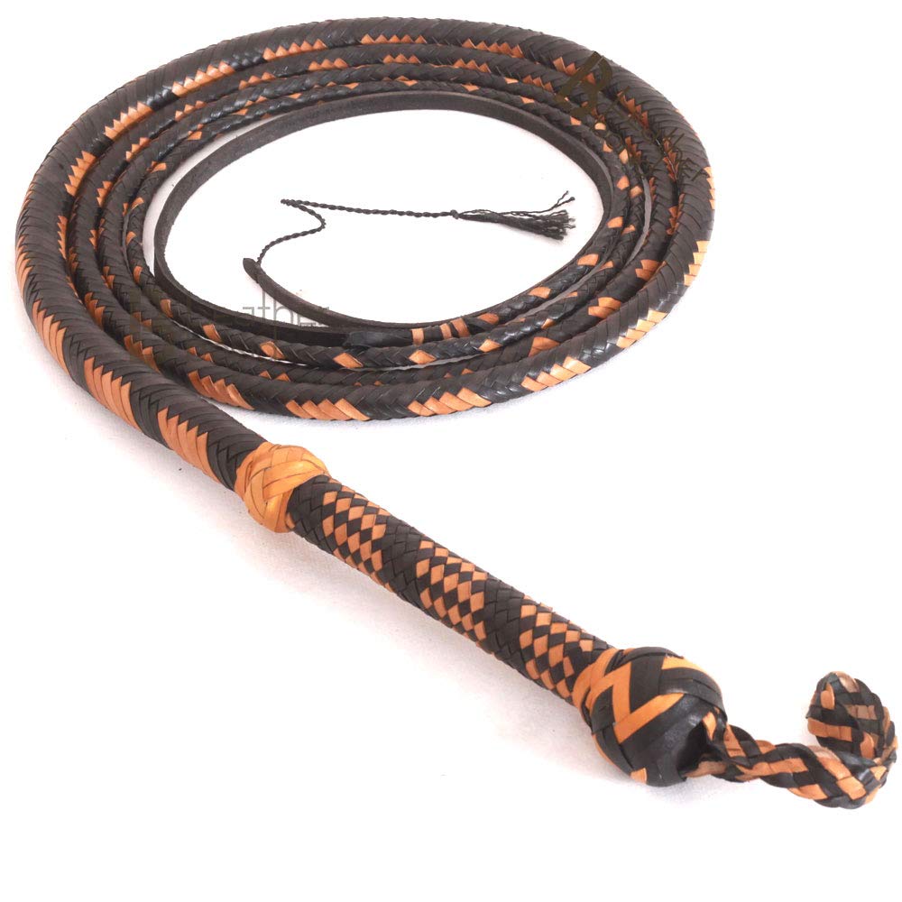 10 Foot Bullwhip - 16 Plaits Kangaroo Hide Leather with Leather Belly & Bolster - Indiana Jones Style Equestrian Whip in Tan & Black - Perfect for Horseback Riding, Training, and Cosplay