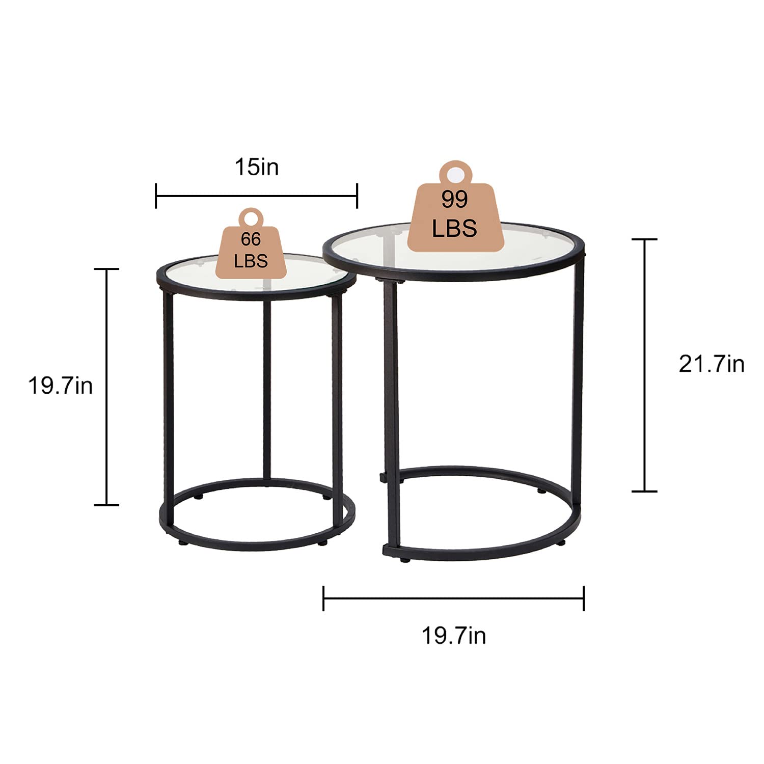 Modern Round Nesting Coffee Glass Tables Set of 2 - Clear Tempered Glass with Gold Frame - Perfect for Living Room, Bedroom & Small Spaces - Stylish Side Tables for Coffee, Books & Decor