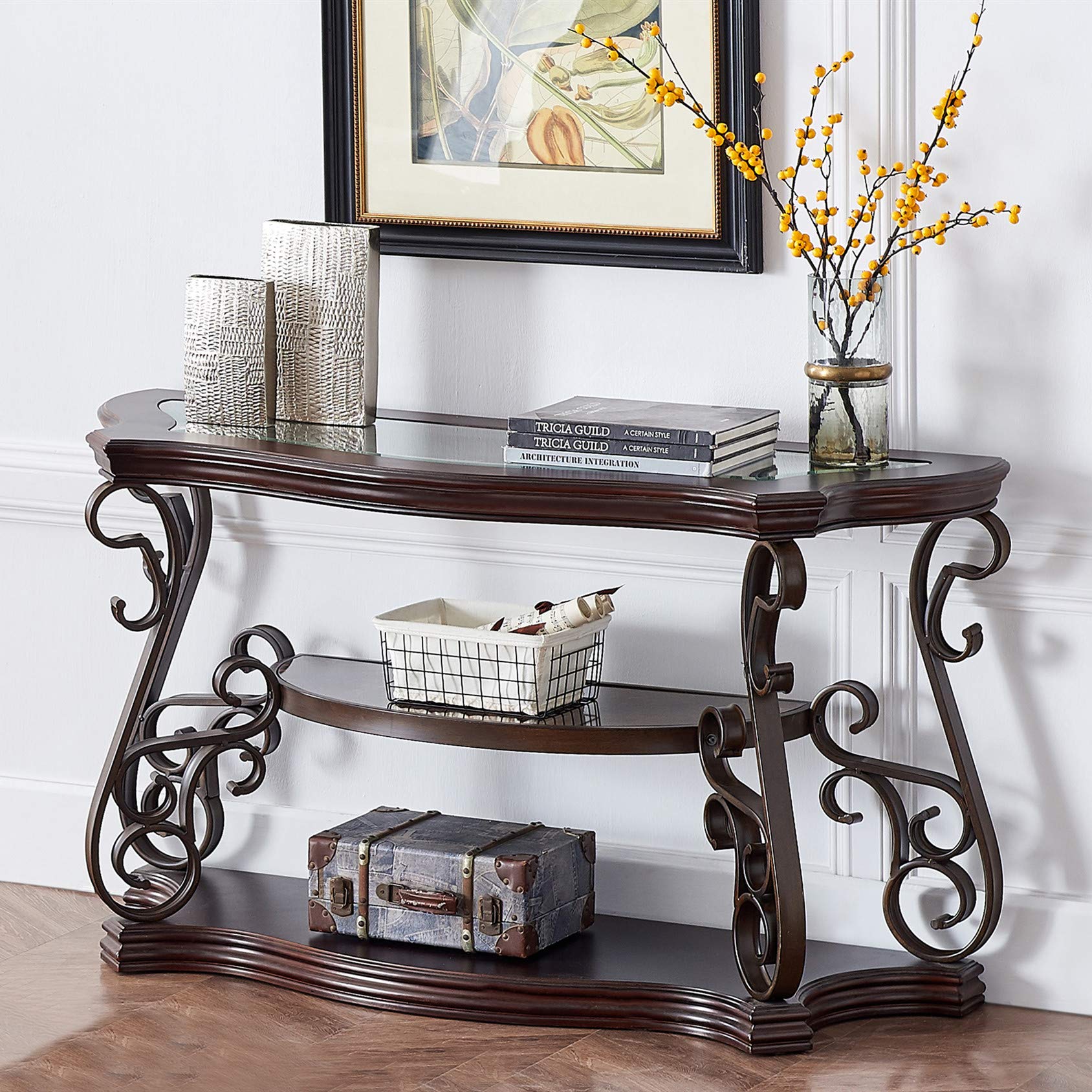 Vintage 3-Tier Sofa Console Table with Tempered Glass Top & Wood Accent - Marble Paper Middle Shelf - Hallway Entryway Table for Living Room, Bedroom, Office | Perfect for Home Decor, Small Space Storage & Displaying Decor Items