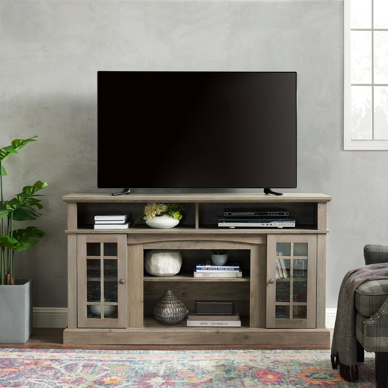 Rustic Farmhouse TV Stand for 65/60/55 Inch TVs - Entertainment Center with Open Shelves & Glass Door Cabinets - Gray Wash Wood Console Table for Living Room & Bedroom - Perfect for Home Theater Setup & Cozy Family Gatherings