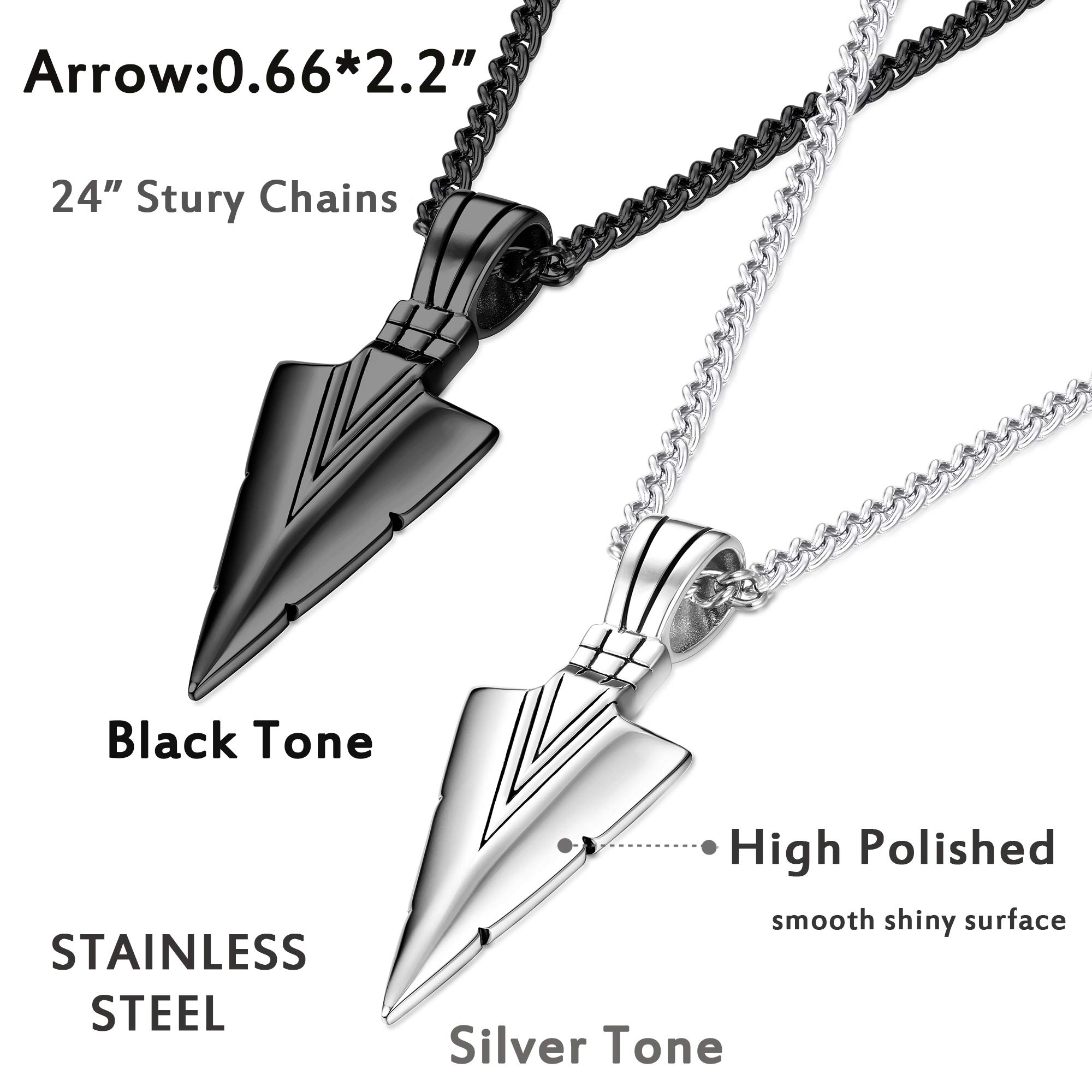 JeryWe 2Pcs Stainless Steel Viking Pendant Necklaces for Men - Spearpoint Arrowhead Chain Necklace Set in Black & Silver | Perfect for Gifts, Cosplay & Viking Style Outfits