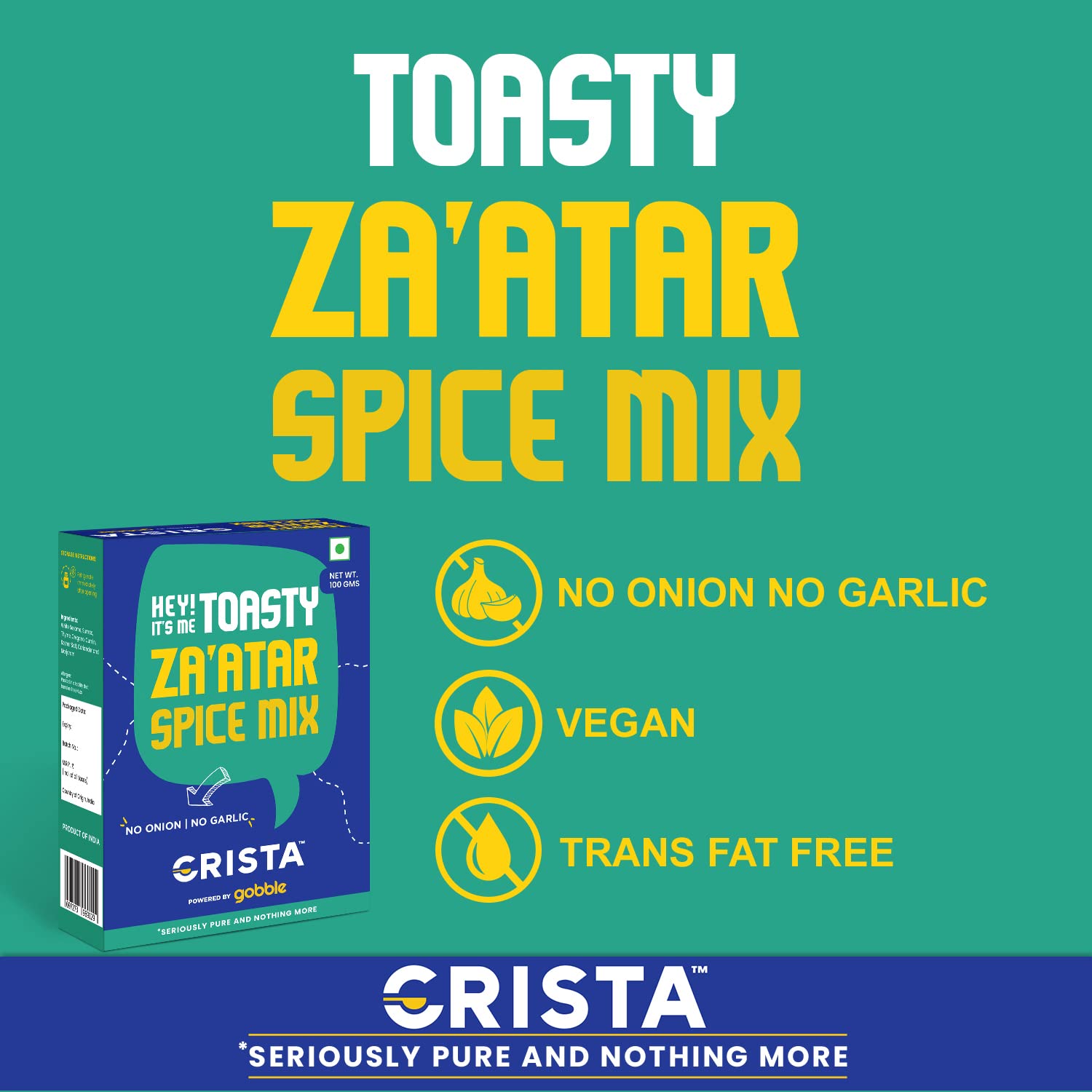 CRISTA Toasty Za’atar Spice Mix Blend | Authentic Middle Eastern Seasoning | Vegan, Gluten-Free, No Onion, No Garlic | 100g | Trans Fat Free, No Additives or Preservatives | Perfect for Hummus, Flatbread & Mediterranean Dishes