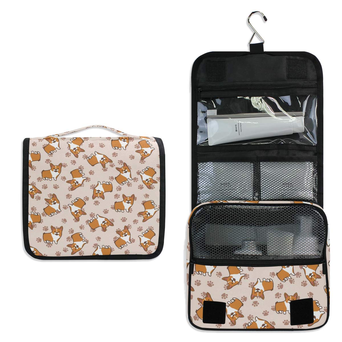 MOYYO Cute Cartoon Welsh Corgi Travel Hanging Toiletry Bag - Waterproof Cosmetic Makeup Organizer Pouch for Women & Girls - Perfect for Shower, Gym, Camping, and Vacation Trips
