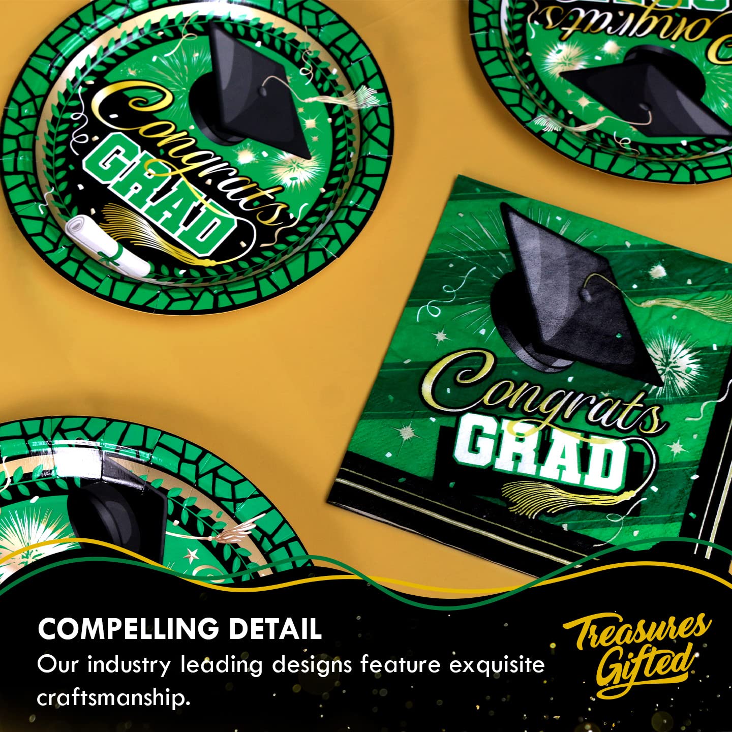Treasures Gifted Green Graduation Dinnerware Set - 16-Piece Classic Plates, Napkins & Cups for Class of 2025 - Eco-Friendly Grad Party Decorations - Perfect for Graduation Celebrations, Banquets & School Events