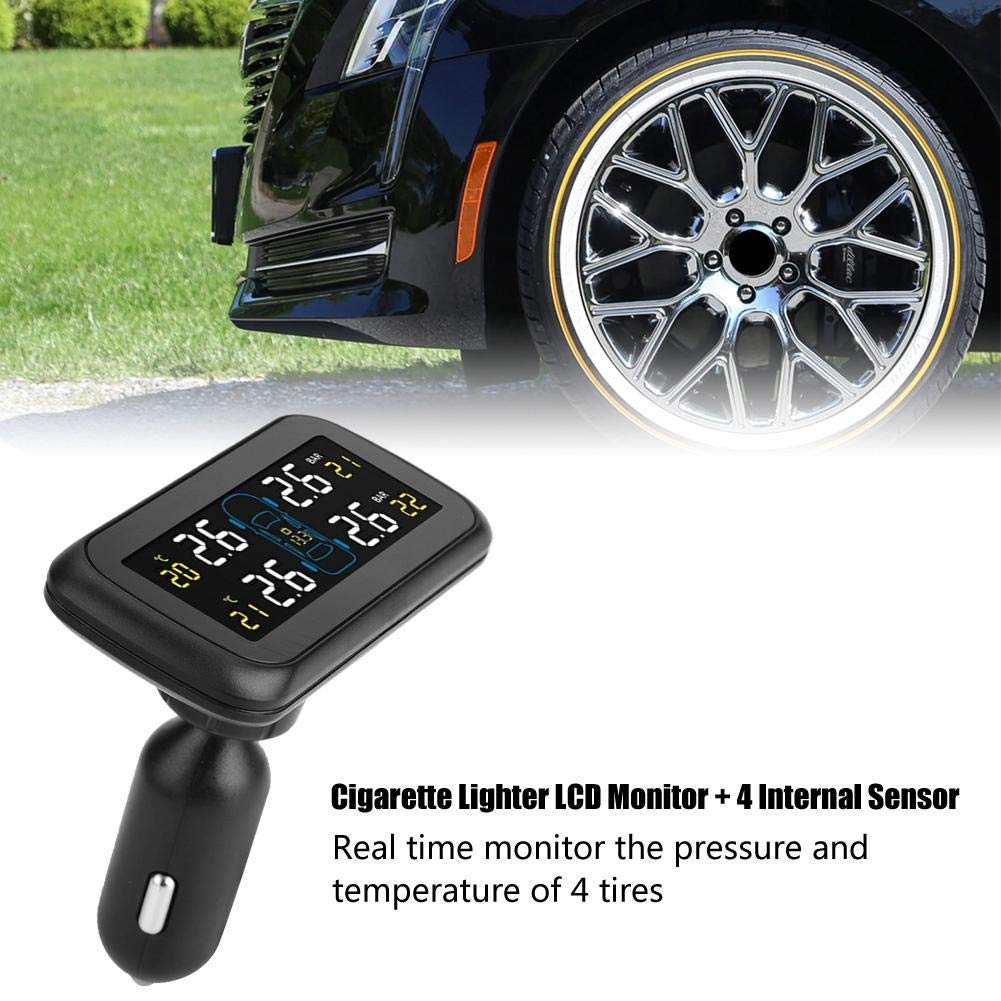 Car TPMS Tire Pressure Monitoring System with 4 Internal Sensors & LCD Display - USB Cigarette Lighter Charger, IP5K4K Waterproof - Real-Time Tire Pressure & Temperature Alert for Safe Driving (SUV/Truck/Car)