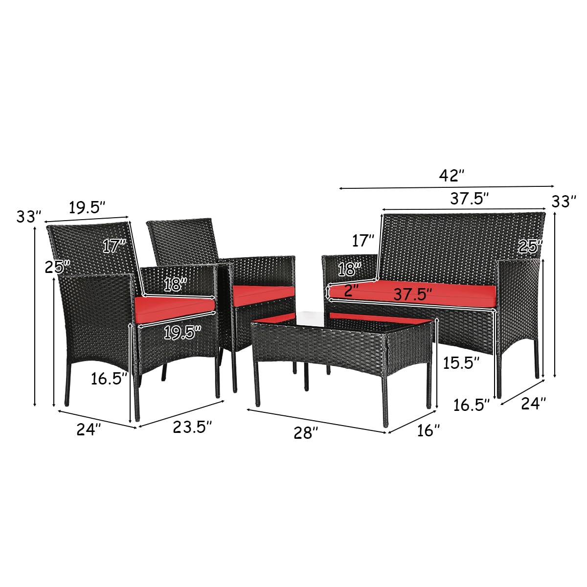Tangkula 4-Piece Outdoor Patio Furniture Set - Wicker Rattan Loveseat & Chairs with Cushions & Tempered Glass Coffee Table - Durable Conversation Set for Backyard, Garden, Poolside, Porch & Deck (Red)