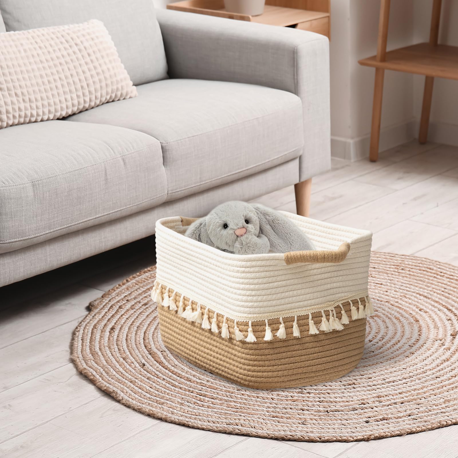 TeoKJ 3-Pack Woven Storage Baskets - Cotton Rope Organizing Bins for Clothes, Books, Plants & Pet Supplies | Boho Chic Home Decor for Bedroom, Nursery & Living Room Organization | White & Jute Fabric Storage Solutions
