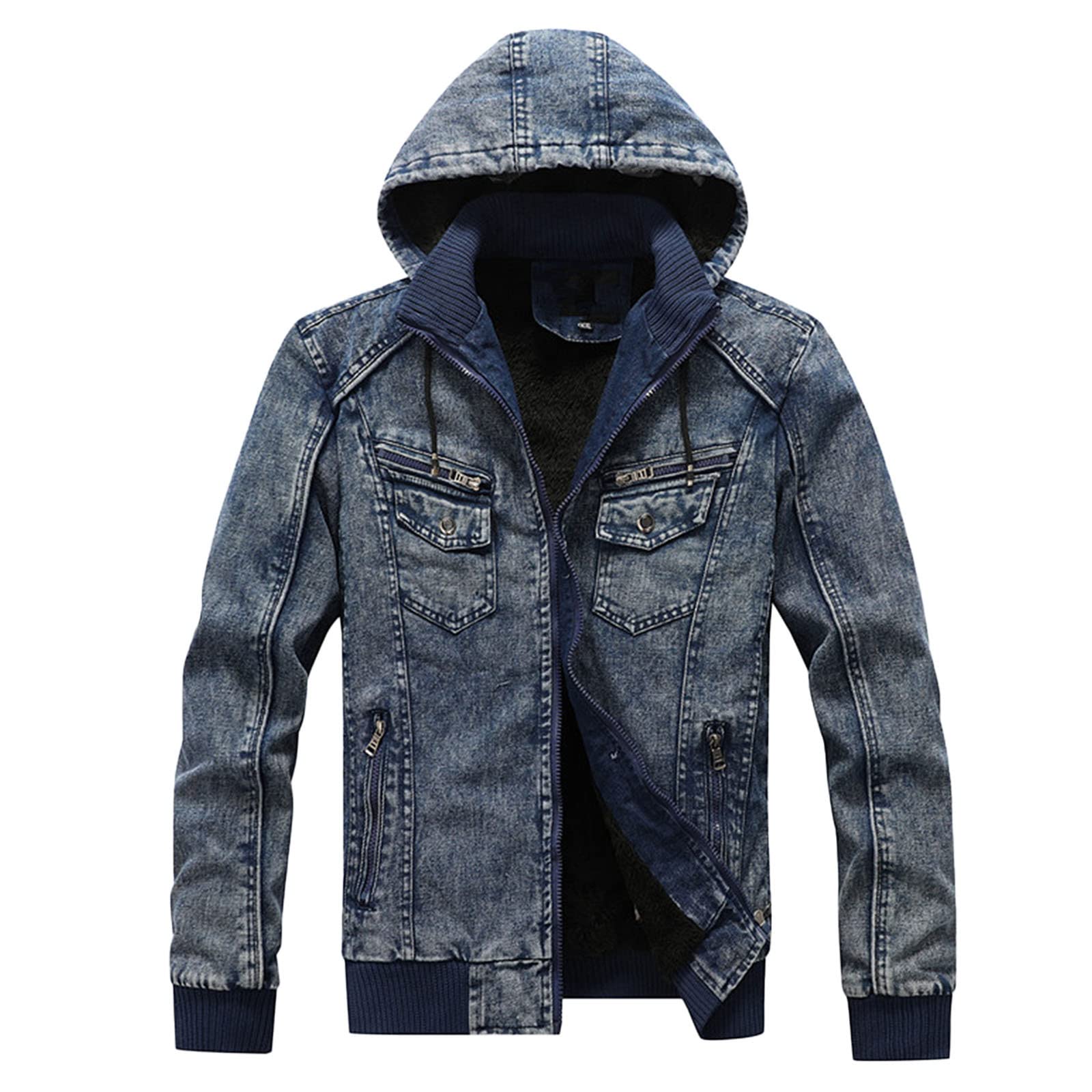 Men's Fashion Denim Hooded Jacket - Winter Warm Velvet-Lined Coat for Cold Weather | Casual Outerwear for Fall & Winter Seasons
