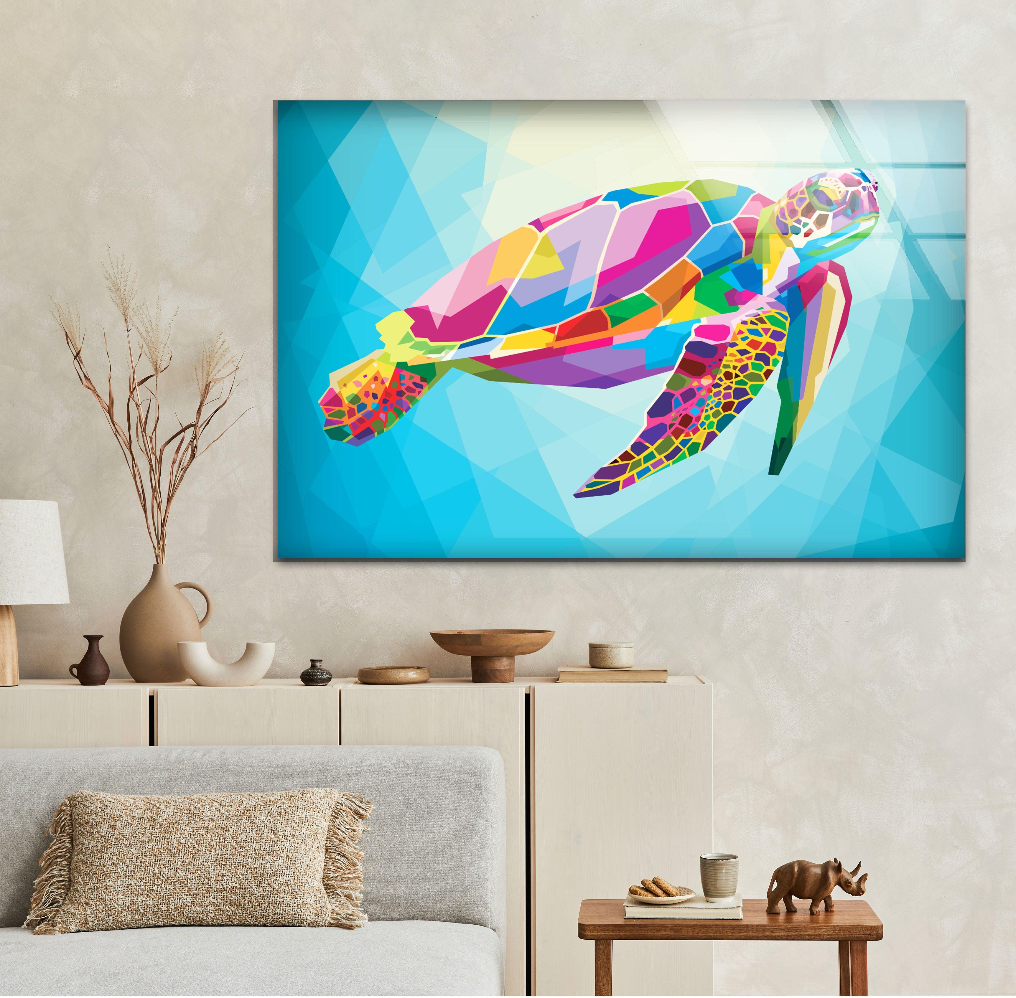 Vibrant Caretta Glass Wall Art - Handcrafted Sea Turtle Decor for Living Room, Bedroom & Office - Perfect Gift for Home & Interior Design