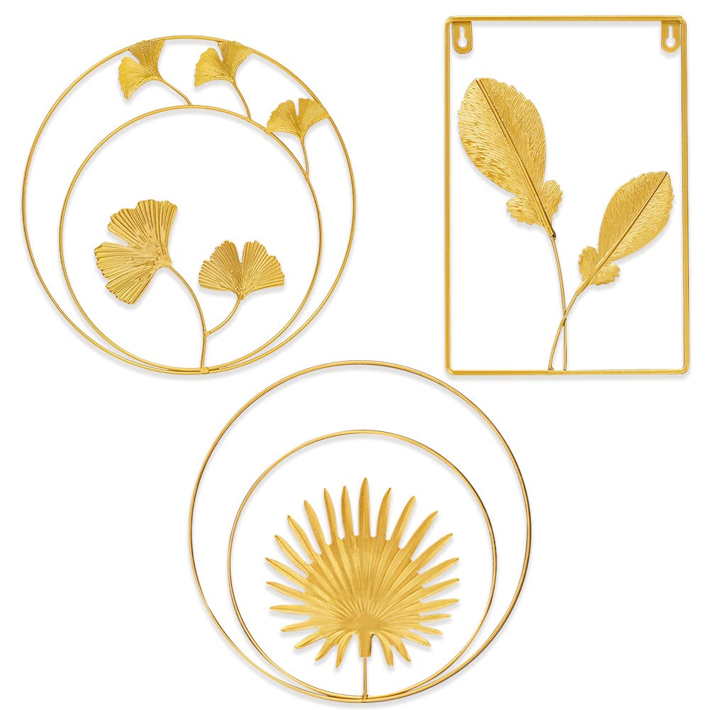 Ranslen Gold Metal Wall Decor - Set of 3 Golden Ginkgo Palm Leaf Wall Art with Frame, Modern Metal Wall Sculpture for Home & Office - Perfect for Bedroom, Living Room, Study & Office Decor