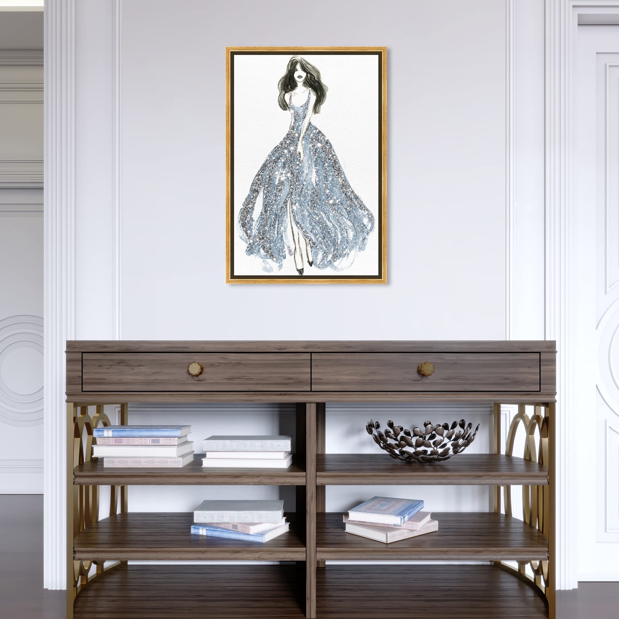 Oliver Gal Artist Co. Fashion Glam Wall Art - Blue Dress Spring Elegance Canvas Print 16x24 with Gold Frame - Perfect for Living Room, Bedroom & Office Décor