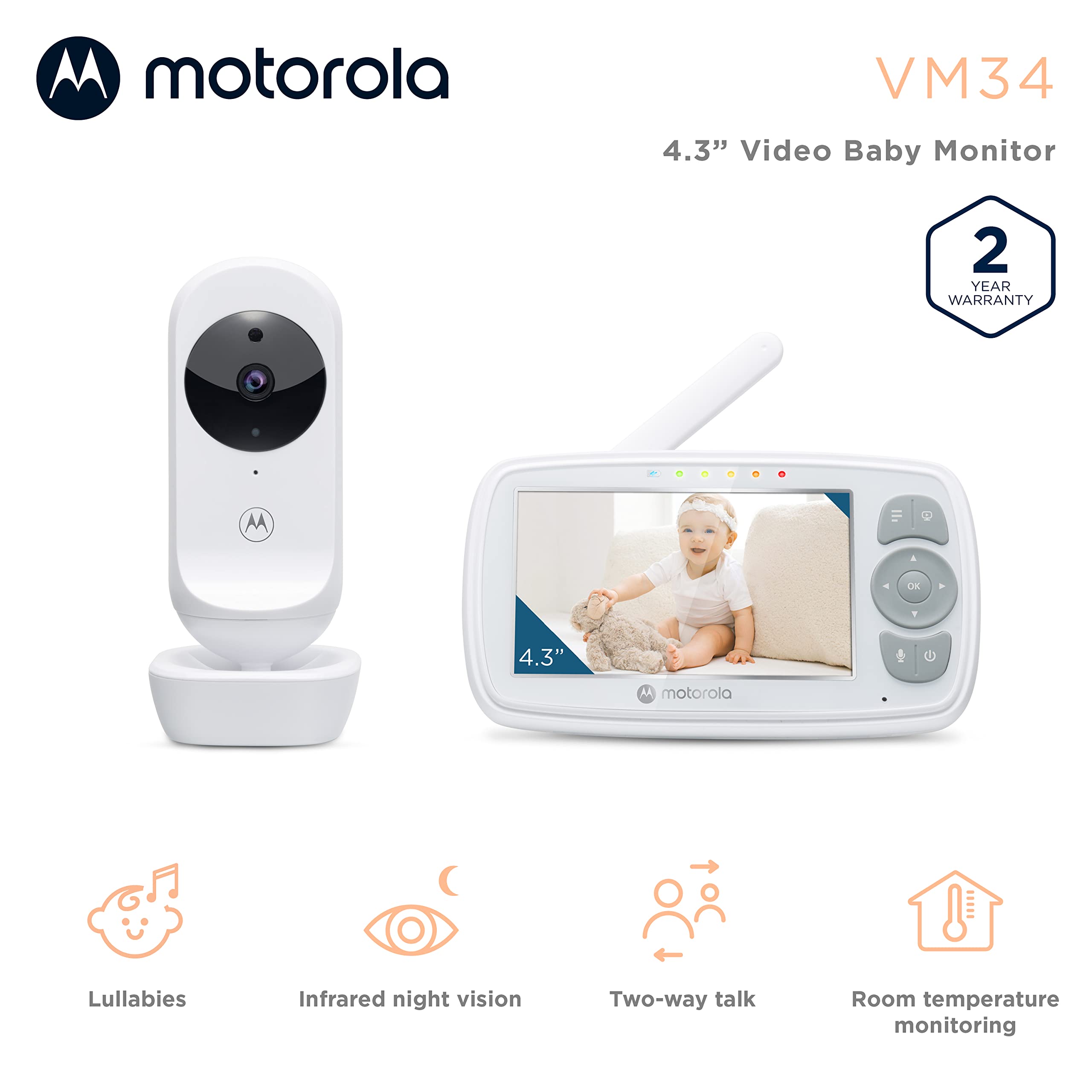 Motorola VM34 Indoor Video Baby Monitor with Camera - 1000ft Range, 2.4GHz Wireless, 4.3