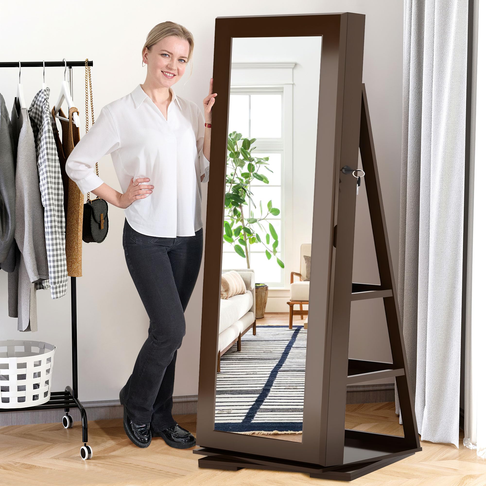SOGES 360° Swivel Jewelry Mirror Cabinet with Back Storage Shelves - Full Length Rotating Mirror with Lockable Jewelry Organizer & Armoire - Brown | Perfect for Bedroom, Dressing Room & Closet Organization