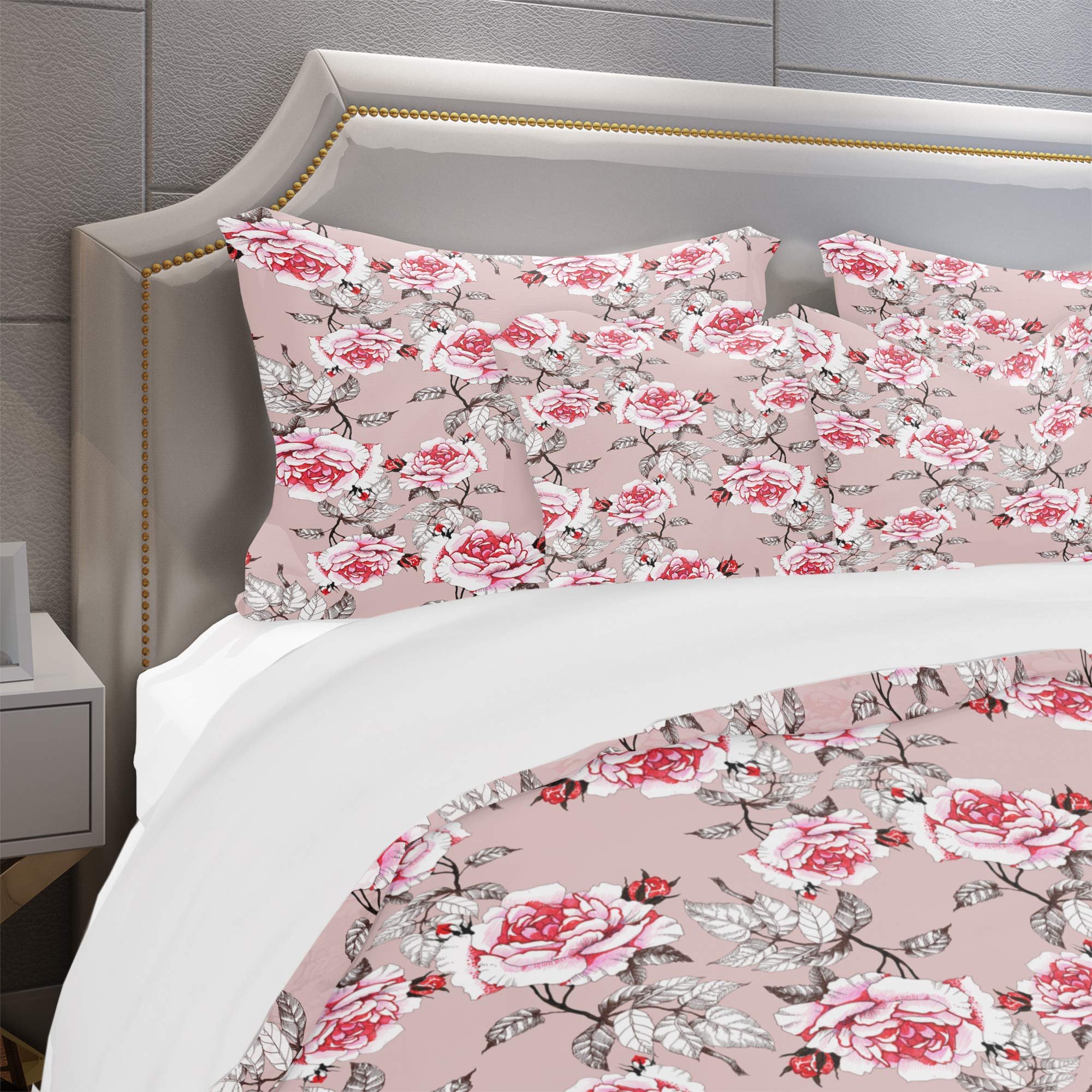 DesignQ Red Rose Pink Background Nautical Coastal Duvet Cover Set - King Size Floral Bedding 3-Piece All Season Comforter Set | Perfect for Beach House, Coastal Decor & Master Bedroom