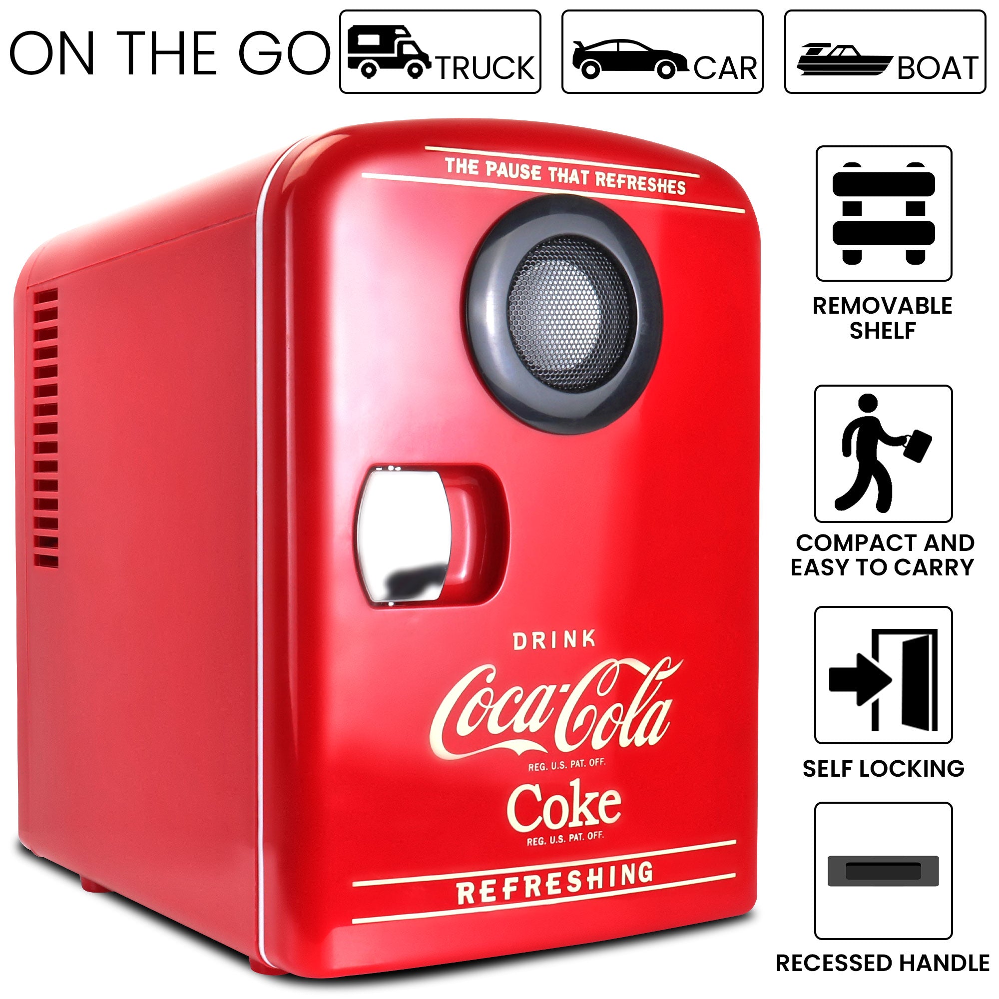 Portable 4L Coca Cola Cooler and Warmer with Bluetooth Speaker - 12V DC & 110V AC Power - 6 Can Mini Fridge with Wireless Speaker - Perfect for Home Office, Dorm Room, Road Trips, and Outdoor Adventures (Red)