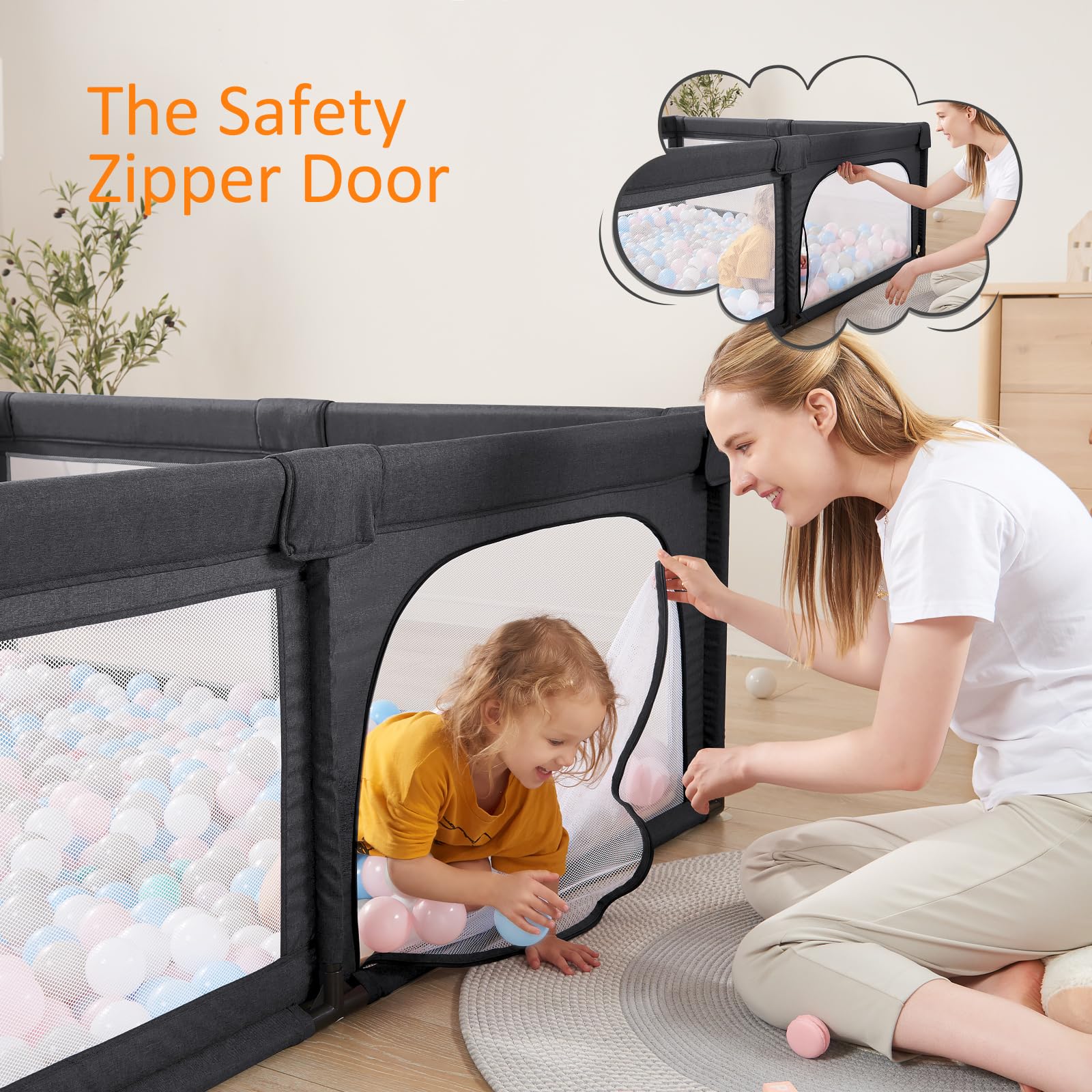 Foldable Baby Playpen with Bottom - 79x59in Large Play Yard Center, Baby Gate & Fence Play Area for Toddlers & Kids (Black) - Perfect for Indoor Playtime, Nursery Safety & Childproofing Your Home