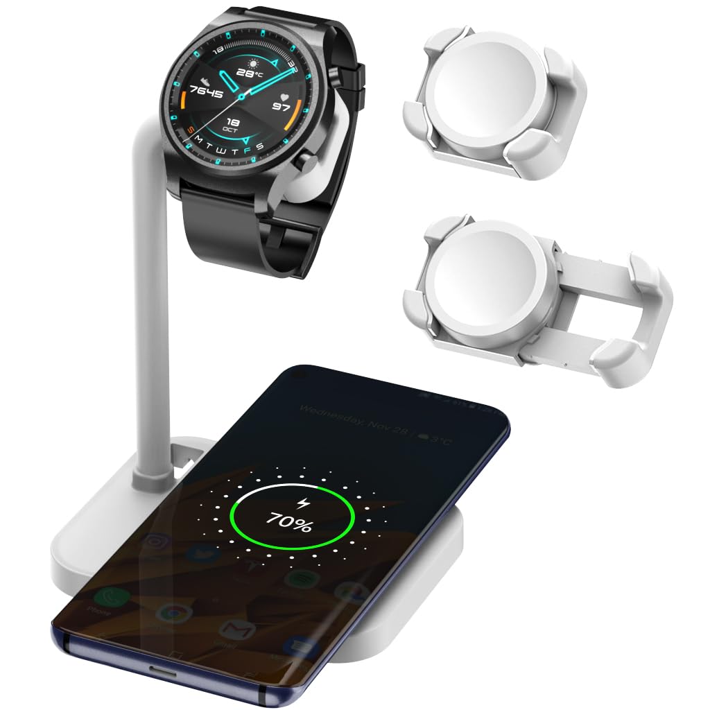 2 in 1 Wireless Charger Stand for Samsung/Apple/Google Phones & Smartwatches - Fast Charging Dock Compatible with Huawei GT, Galaxy Watch, Pixel, Garmin, Fossil, Fitbit & More (02SW-B) - Perfect for Bedside, Office & Travel Charging