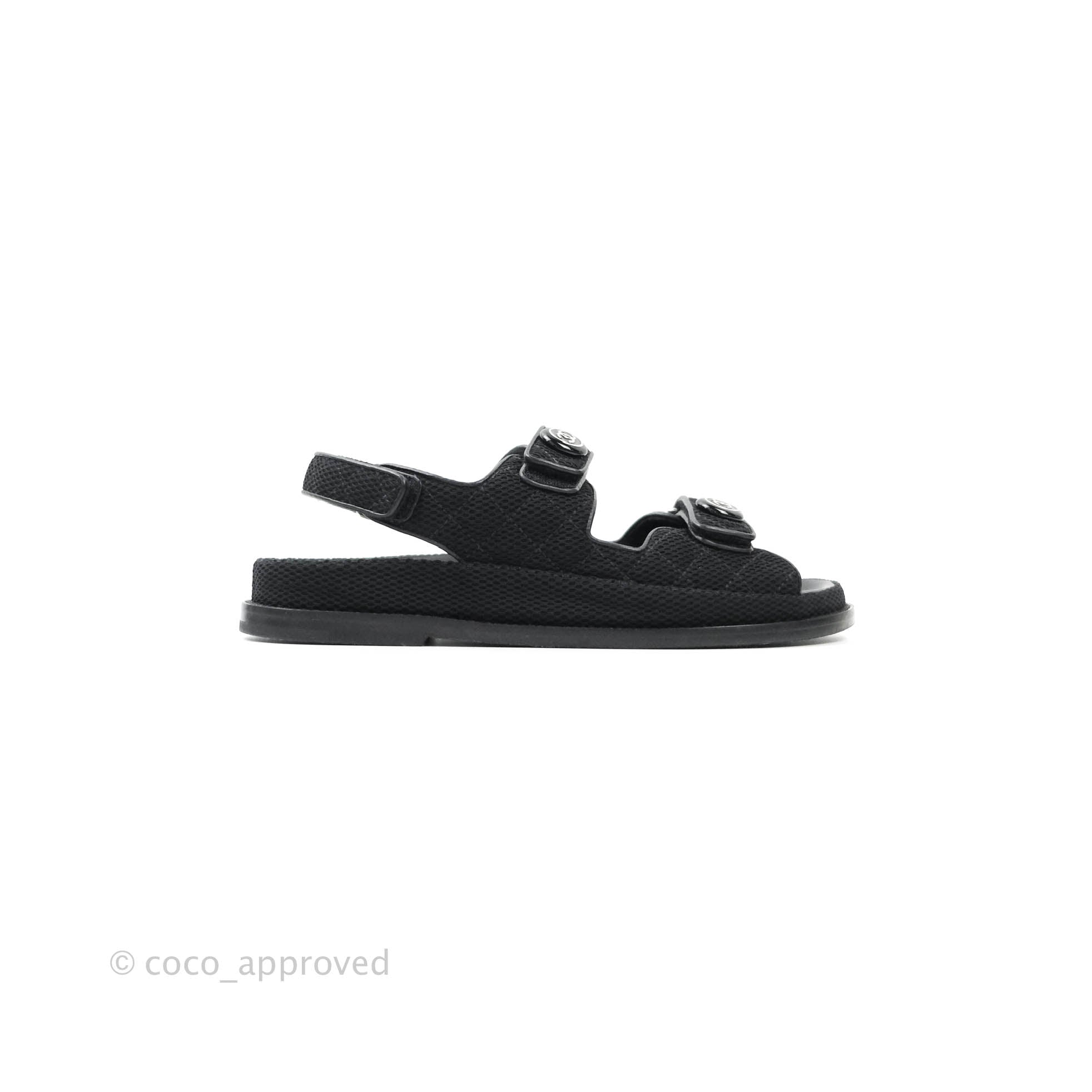 Chanel CC Logo Black Fabric Slide Strap Flat Dad Sandals for Women - Comfortable Casual Summer Shoes for Beach, Vacation & Everyday Wear