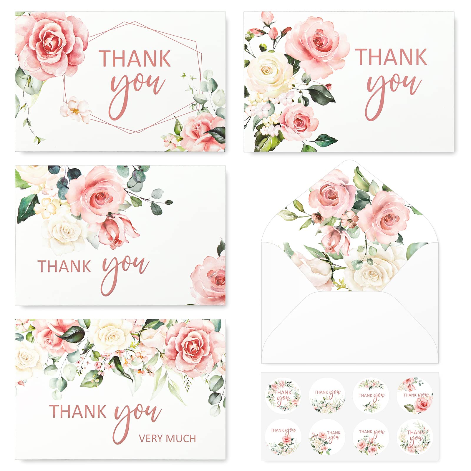 32 Pack Thank You Cards with Envelopes & Stickers - Blush Floral Blank Note Cards (4 Designs, 4x6 Inch) for Wedding, Baby Shower, Bridal Shower, Graduation, Birthday & All Occasions - Bulk Greeting Cards for Gifts, Invitations & Appreciation Notes