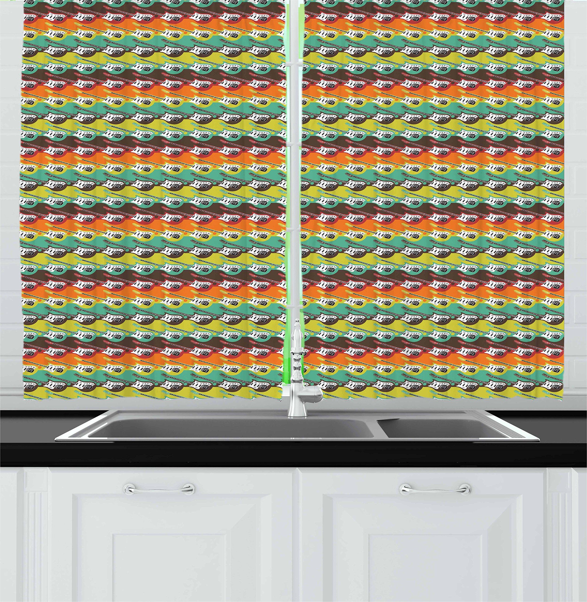 Ambesonne Guitar Kitchen Curtains Set of 2 - Abstract Musical Instrument Print, Modern Horizontal Striped Design, 55