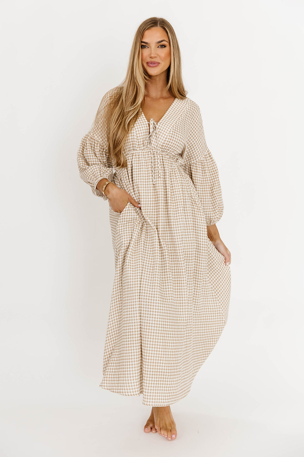 Hunter Printed Gauze Midi Dress in Natural Plaid - Bump Friendly Maternity Dress for Summer, Beach & Casual Wear