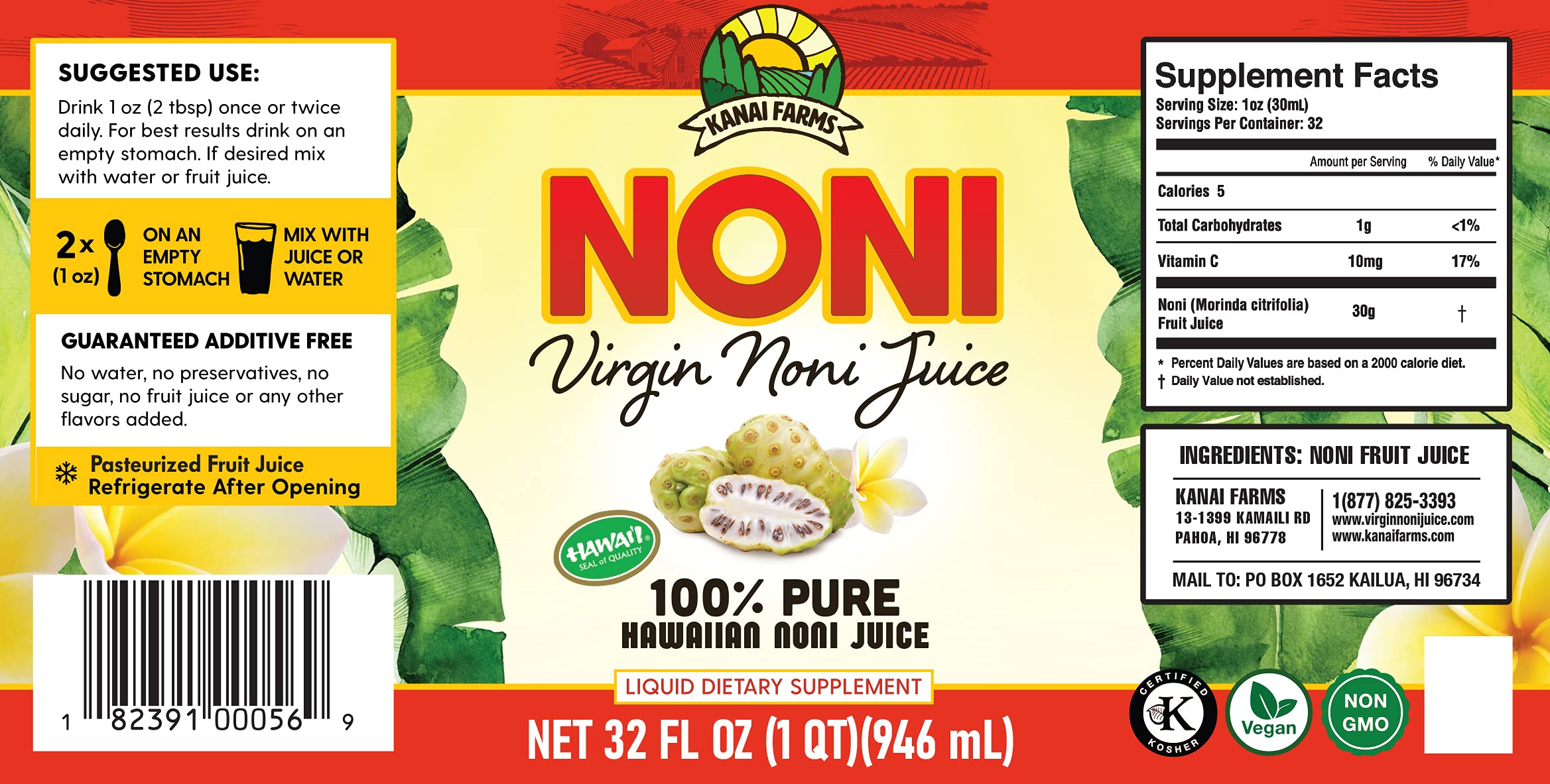 100% Pure Hawaiian Virgin Noni Juice - Organic & Natural Immune Booster - 4 Pack of 32oz Glass Bottles - Perfect for Daily Wellness & Detox