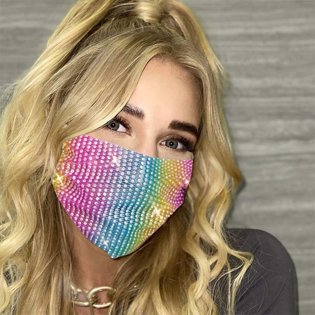 Sparkling Rhinestone Mesh Face Mask - Breathable Crystal Party Mask with Purple & Rainbow Stones for Women & Girls | Reusable Glam Mask for Nightclub, Rave, Costume & Special Events