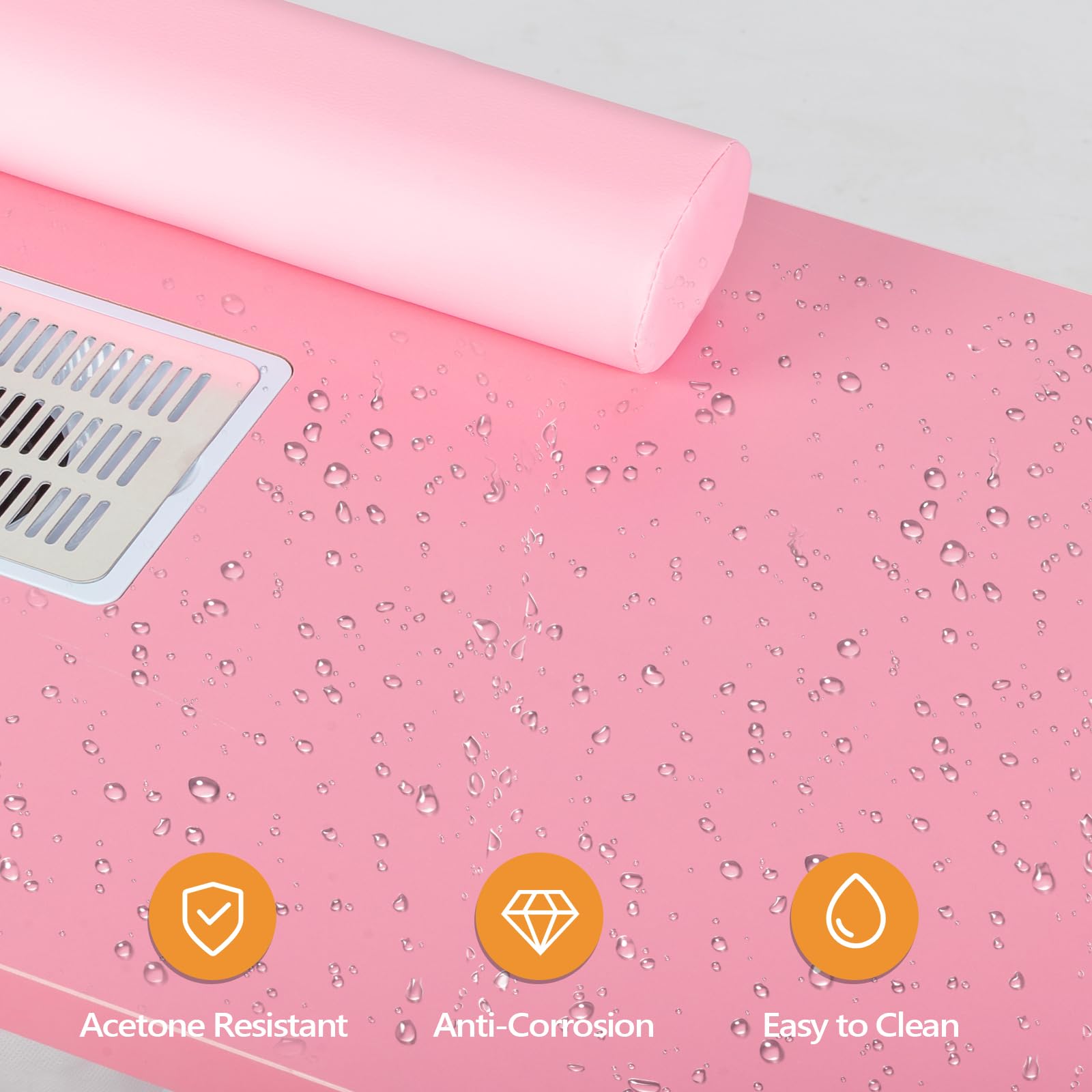 OmySalon Professional Manicure Table Nail Desk for Nail Technicians - Electric Downdraft Ventilation System, Lockable Wheels, Wrist Cushion & Storage Shelves - Perfect for Salon, Spa & Home Nail Studio (Pink)