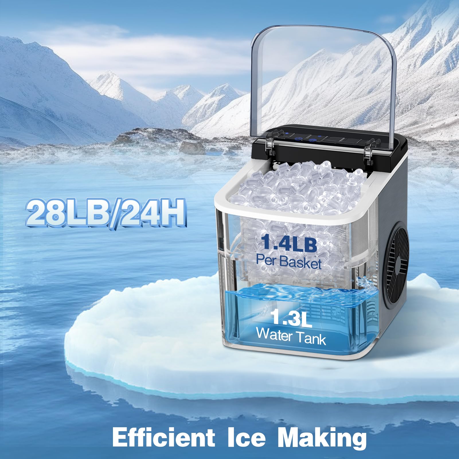 Upgraded Portable Ice Maker Countertop 28Lbs/Day, Fast 6-Minute Ice Making, 15H Timer, Self-Cleaning, 2 Ice Cube Sizes (Bullet & Cube) with Scoop - Perfect for Home, Kitchen, RV, Camping & Outdoor Parties