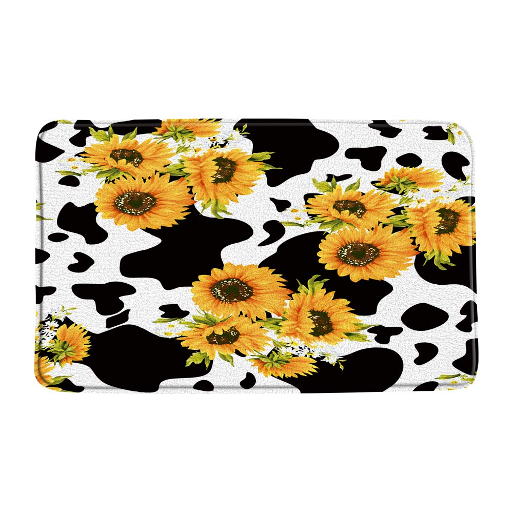 Black and White Cowhide Sunflower Bath Mat - Absorbent Non-Slip Farmhouse Bathroom Rug with Yellow Sunflower Design - Perfect for Bathroom, Kitchen, and Toilet Floor Decor - Creative Rustic Home Decor Gift Idea