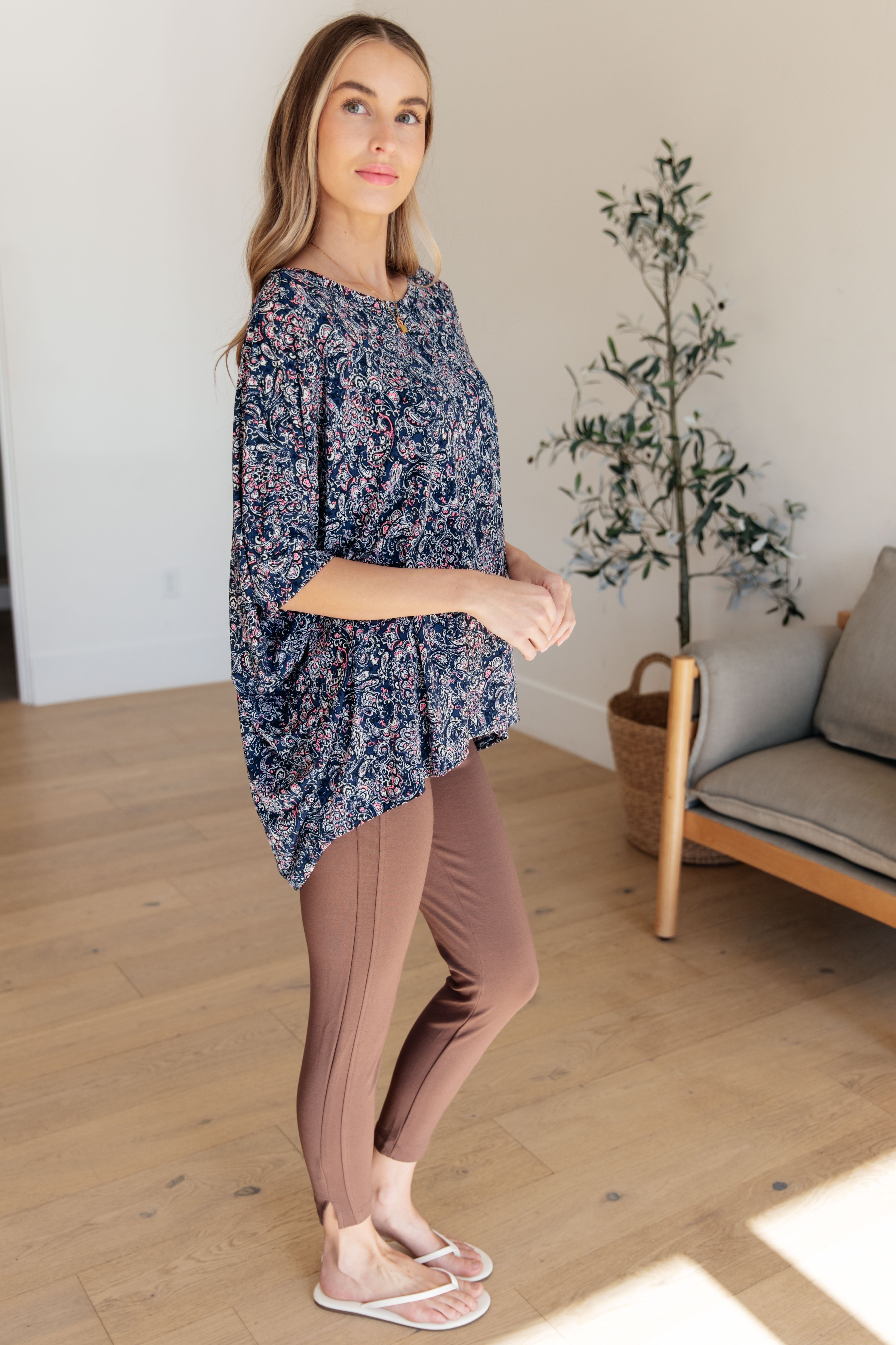 Dear Scarlett Navy Paisley Essential Blouse for Women - Flowy Casual Top with Short Sleeves - Perfect for Office, Date Night & Summer Outfits