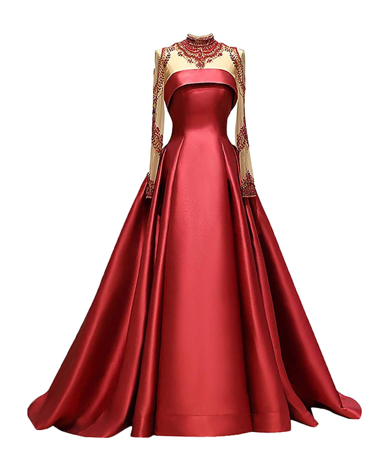 Elegant M Bridal Women's Crystal Beaded High Neck Long Sleeve Prom Dress - Satin A-Line Formal Evening Gown for Homecoming, Wedding Guest & Black Tie Events