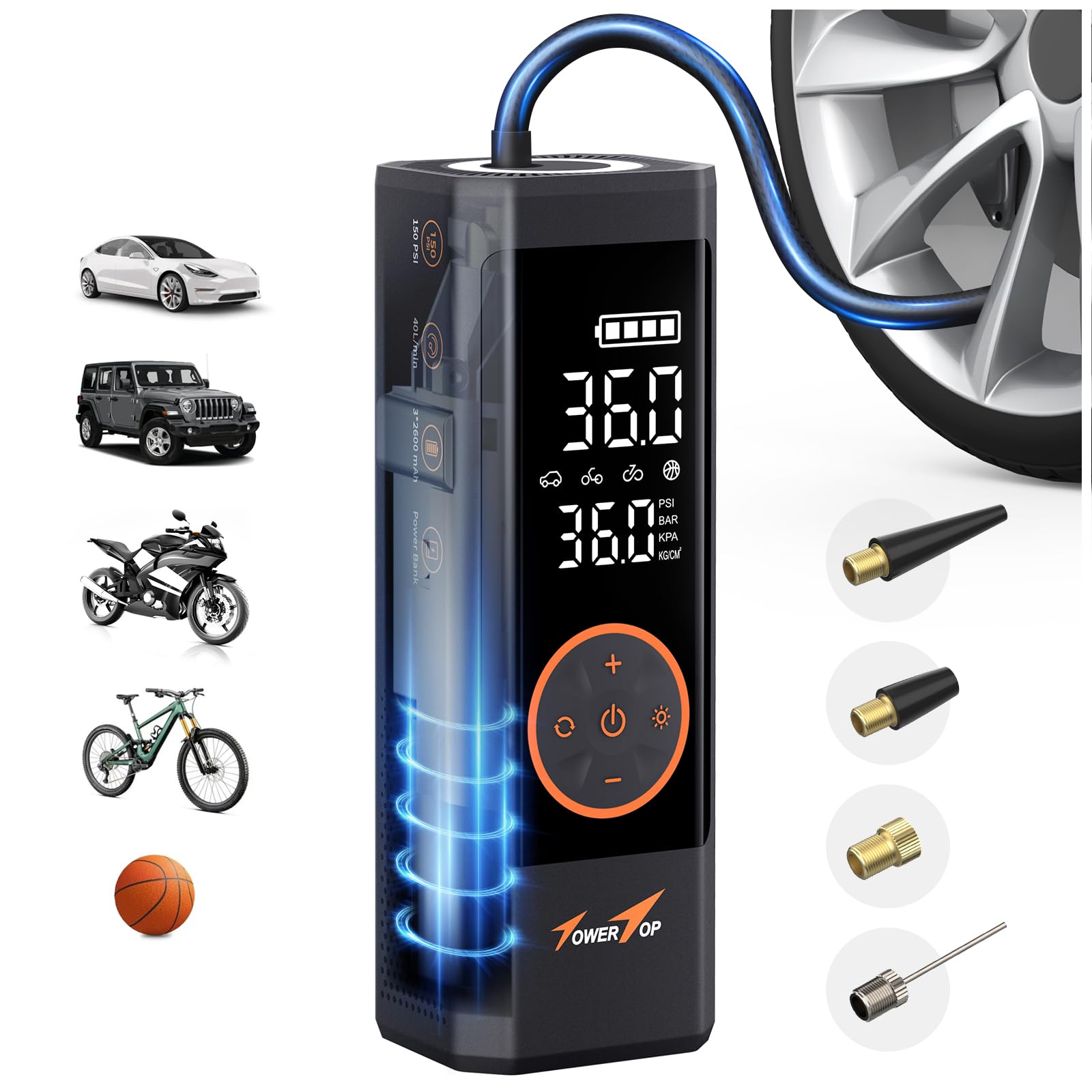TowerTop Cordless Tire Inflator Portable Air Compressor - 150PSI High Pressure, 7800mAh Rechargeable Battery, 2.5X Faster Inflation for Car, Bike, Motorcycle, Truck & Sports Balls | Compact Case Included | Perfect for Roadside Emergencies & Home Garage Use