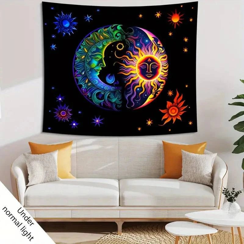 Sun Moon Official Glow in the Dark UV Tapestry Wall Art - Celestial Decor for Bedroom, Dorm Room & Meditation Space