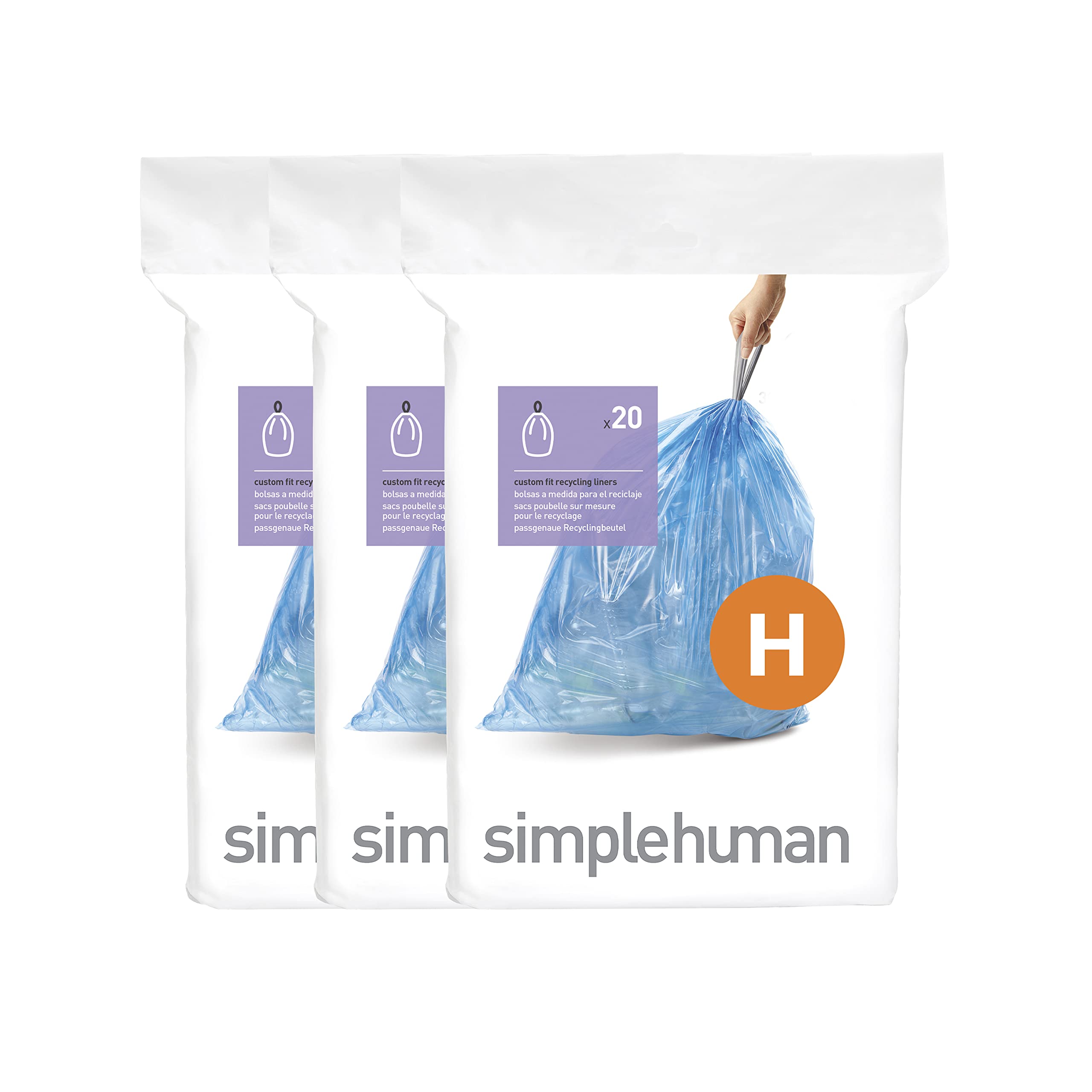 SimpleHuman 46L / 12.2G Rectangular Dual Compartment Step Trash Can with Code H Drawstring Recycling Bags (30-35L/8-9G, Blue, 60 Count) - Perfect for Kitchen Waste Sorting & Eco-Friendly Home Recycling