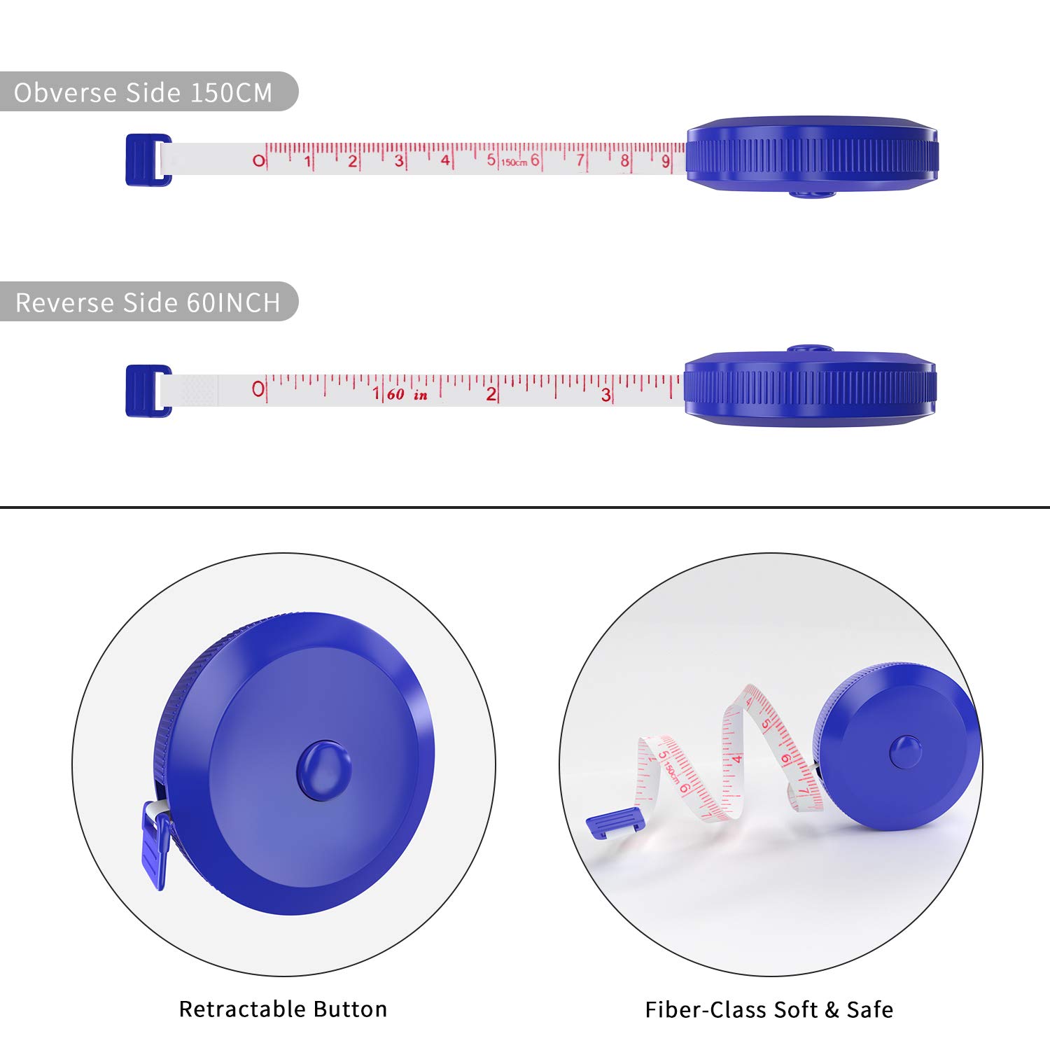 DiCUNO 60-Inch Soft Retractable Measuring Tape for Sewing, Tailoring & Craft - 3 Pack Blue Fabric Tape Measure with 1.5 Meter Length - Perfect for Body Measurements, Dieting & DIY Projects