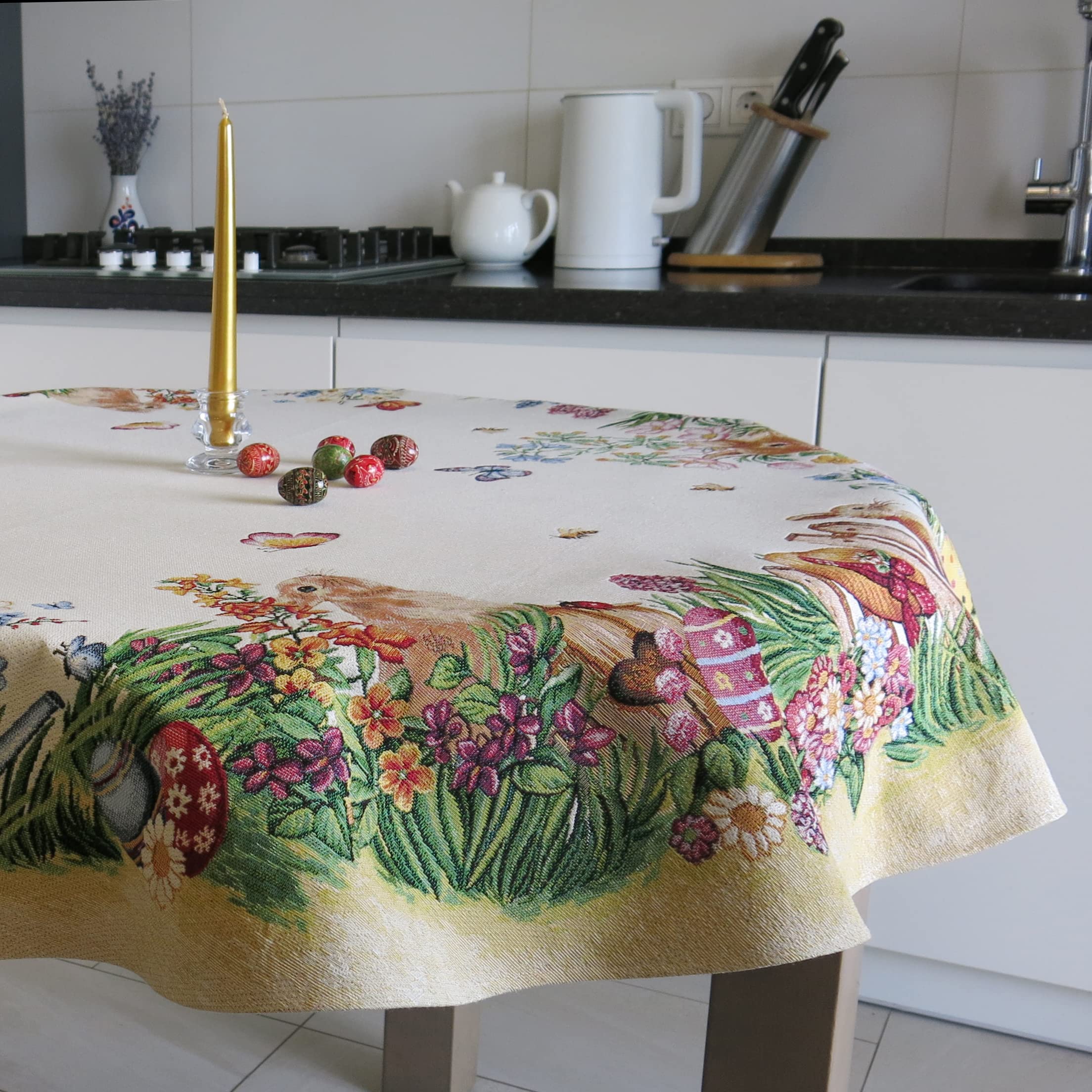 Easter Round Tablecloth 54 Inch - Floral Bunny Egg Design Fabric Table Cover for Holiday Dining, Party Decor, Spring Celebration