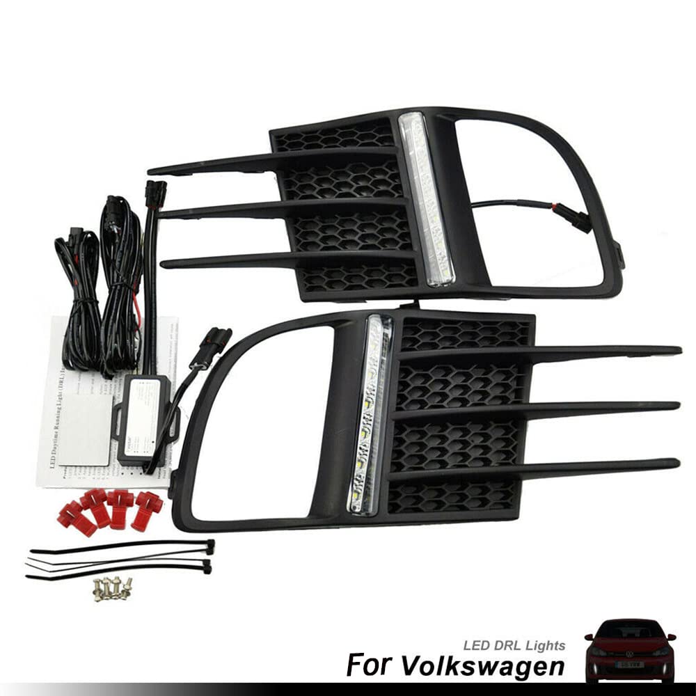 2Pcs White LED DRL Daytime Running Lights Assembly for Volkswagen Golf 6 GTI - LED Parking Light & Position Lamp with OEM Fog Bezel Covers | Upgrade Your Headlights for Enhanced Visibility & Style