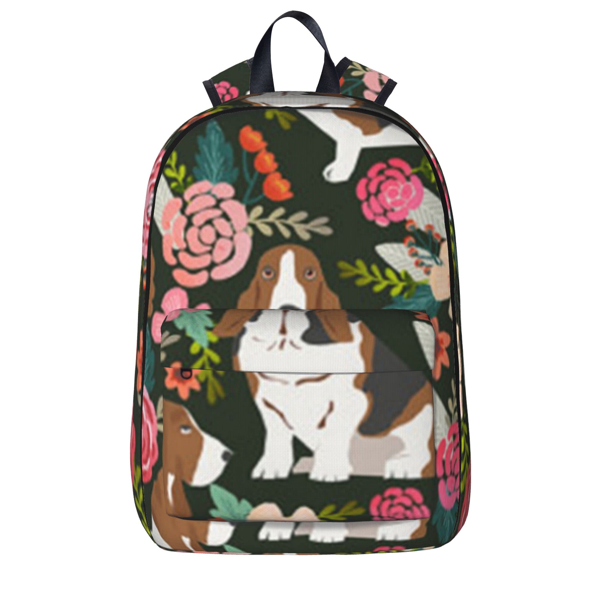 JZDACH Fashion Laptop Backpack for College & School - Lightweight Travel Hiking Backpack for Boys & Girls - Cute Basset Hound Dog Floral Design - Perfect for School, Work, Travel & Outdoor Adventures