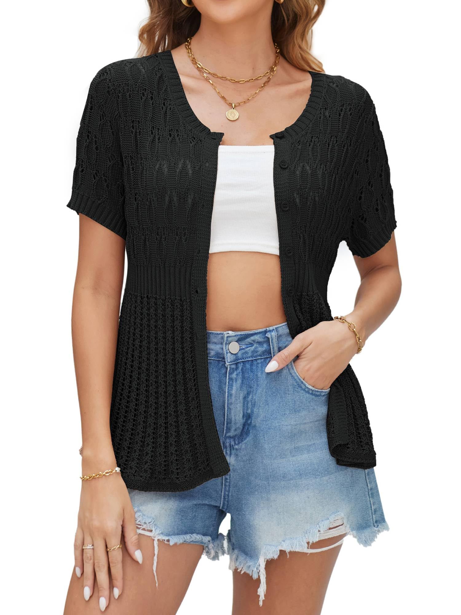 GRACE KARIN 2024 Women's Lightweight Short Sleeve Crochet Open Front Shrug Cardigan Sweater - Perfect for Spring/Summer Beach Cover-Up, Evening Outfits & Casual Wear