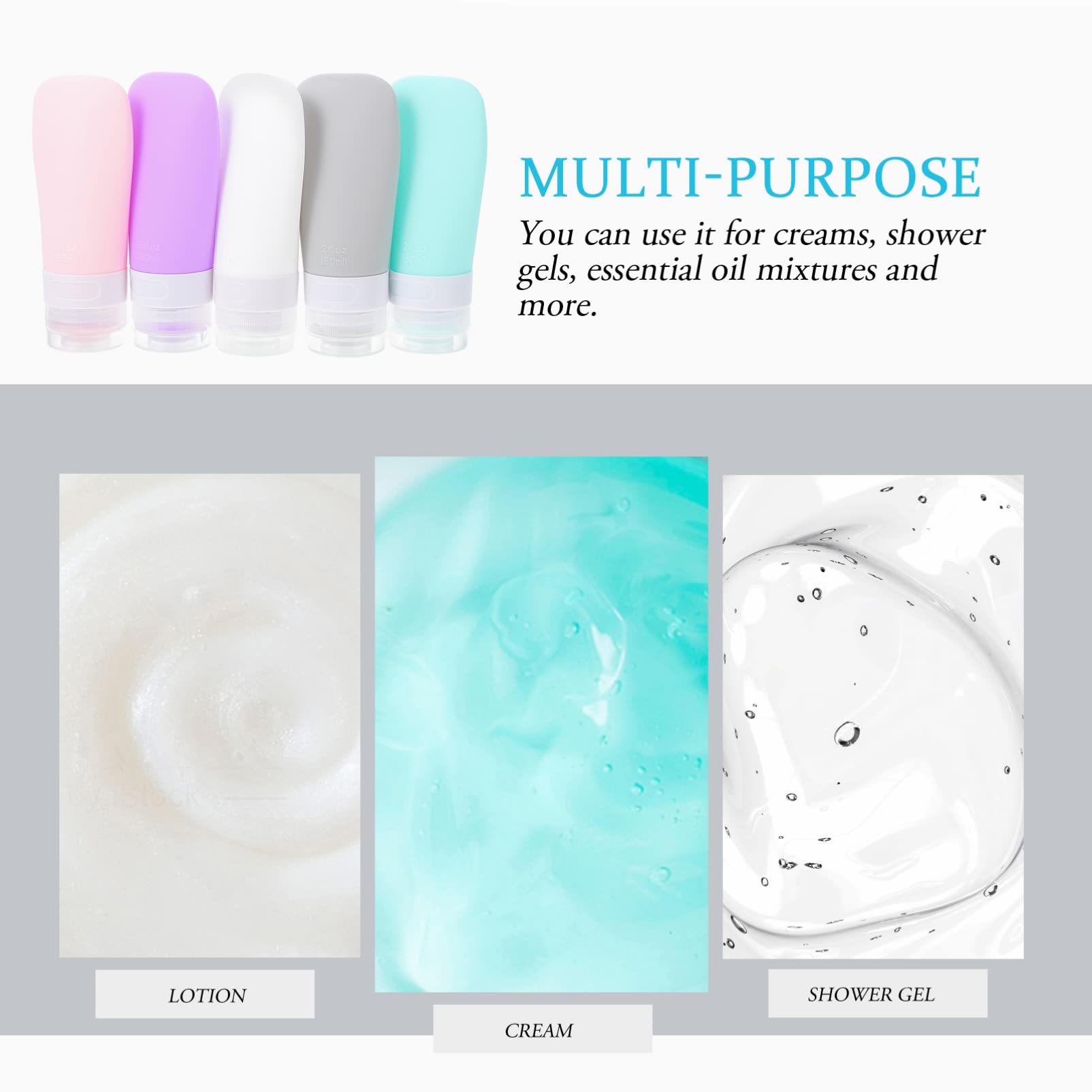 EXCEART 5-Pack Travel Size Silicone Squeeze Bottles for Shampoo, Lotion & Toiletries - Leak-Proof, TSA Approved, Portable Containers for Camping, Gym, Hiking & Outdoor Activities